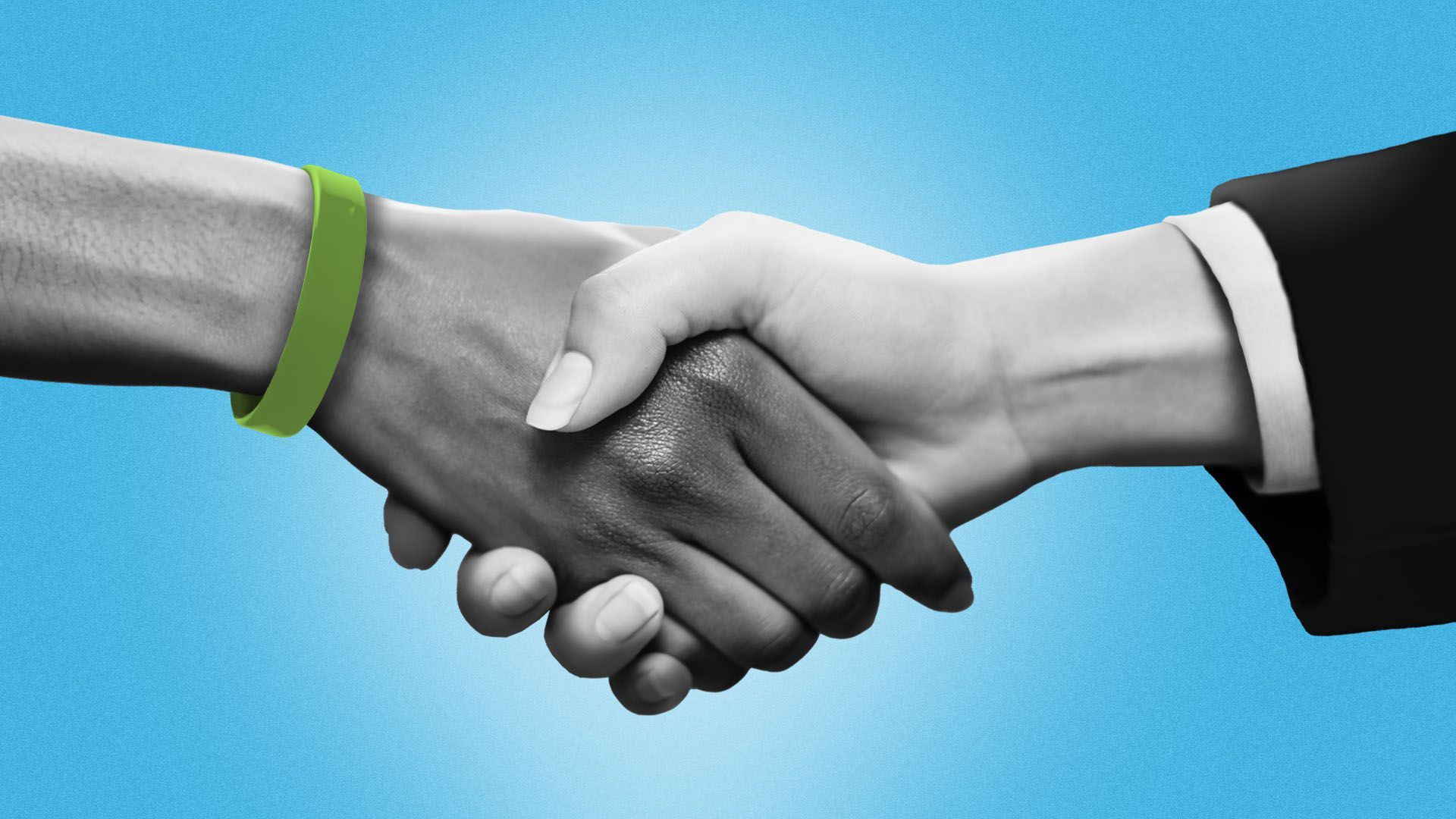 Illustration of a hand in a business suit and a hand wearing a green fundraising bracelet shaking hands
