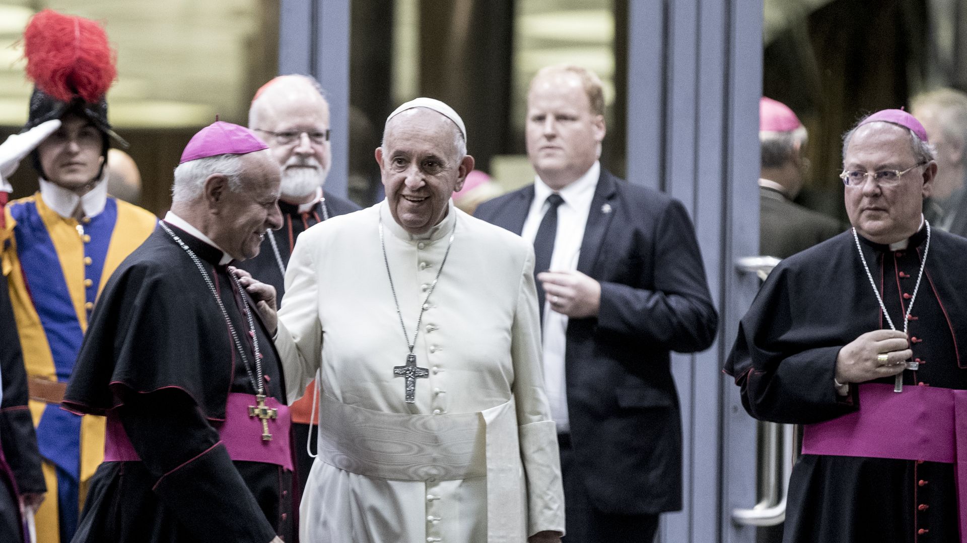 Pope Francis talks to Bishops at the end of the closing session of the Synod on the Pan amazon Region at the Synod Hall on October 26, 2019 in Vatican City, Vatican.