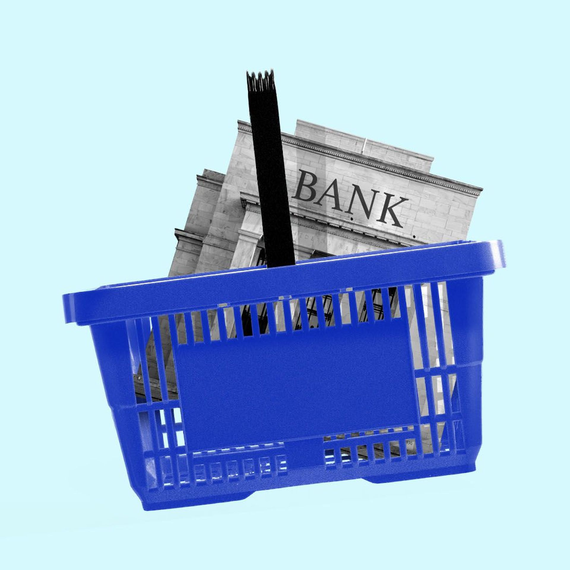 Illustration of a supermarket basket with a bank inside.