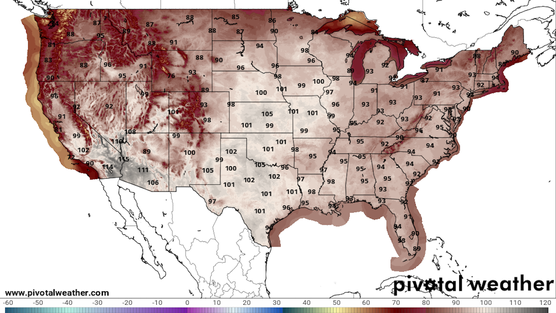 Temperature forecast for midweek this week, showing extreme heat across much of the Lower 48 states.
