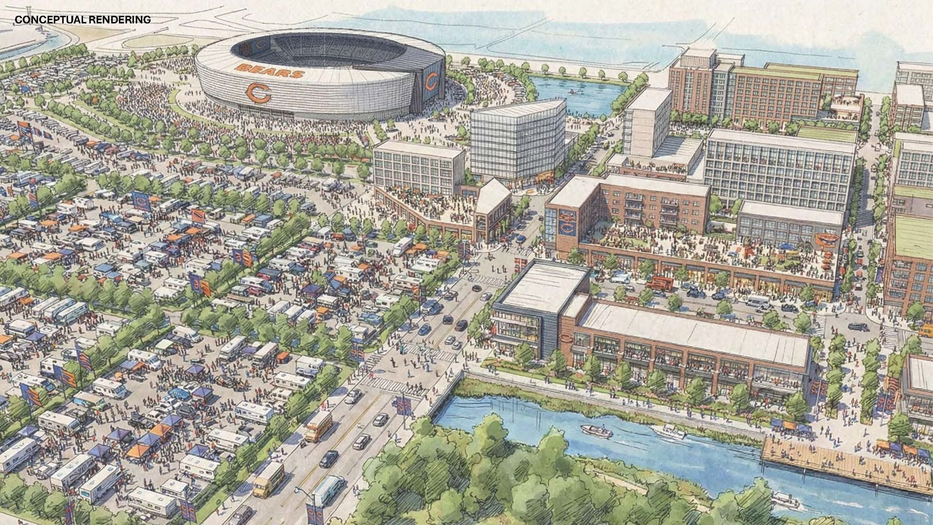 Conceptual rendering of a large stadium labeled Bears with surrounding buildings, crowded parking lots with tailgating, roads, green trees, and a river with boats.