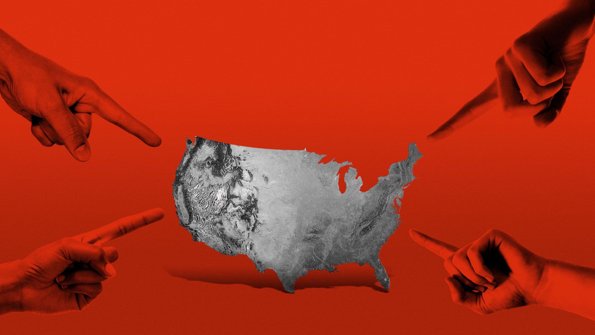 Illustration of fingers pointing at the United States