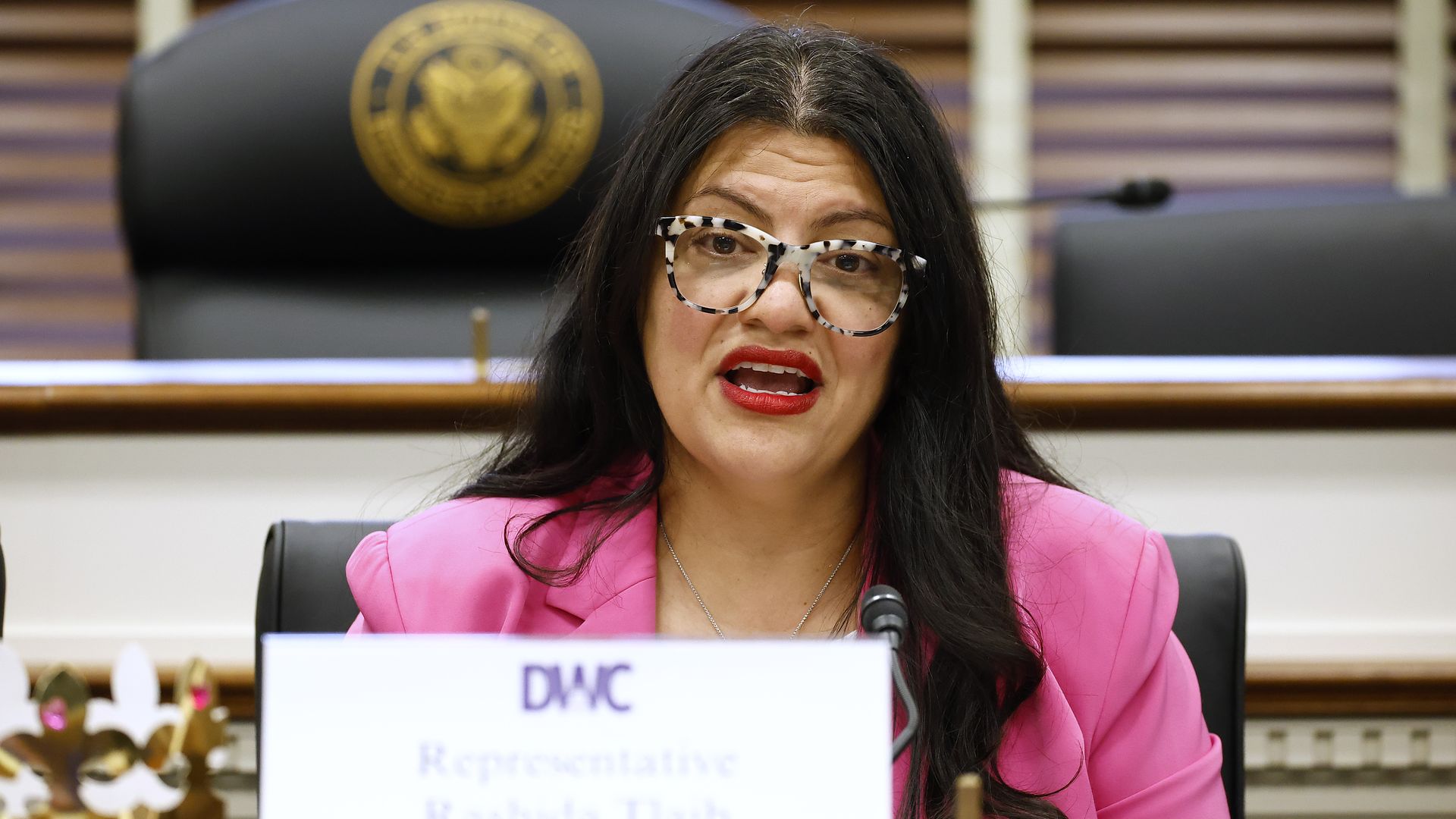 A woman with long dark hair, tortoiseshell glasses, and a bright pink blazer speaks at a desk in a formal hearing room, with a microphone in front and a gold seal and wood-paneled backdrop behind her.