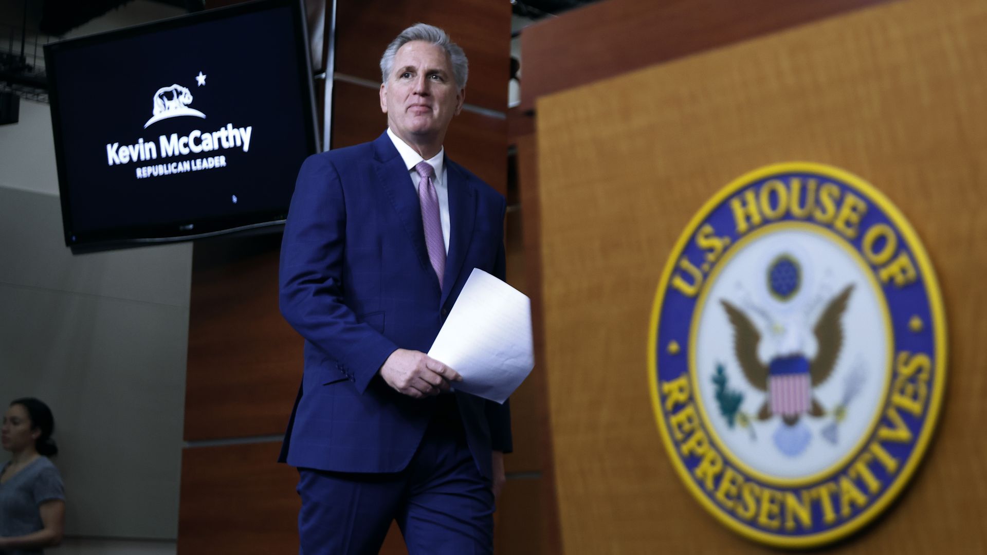 House Minority Leader Kevin McCarthy (R-CA) arrives for his weekly news conference in the U.S. Capitol Visitors Center on March 18, 2022