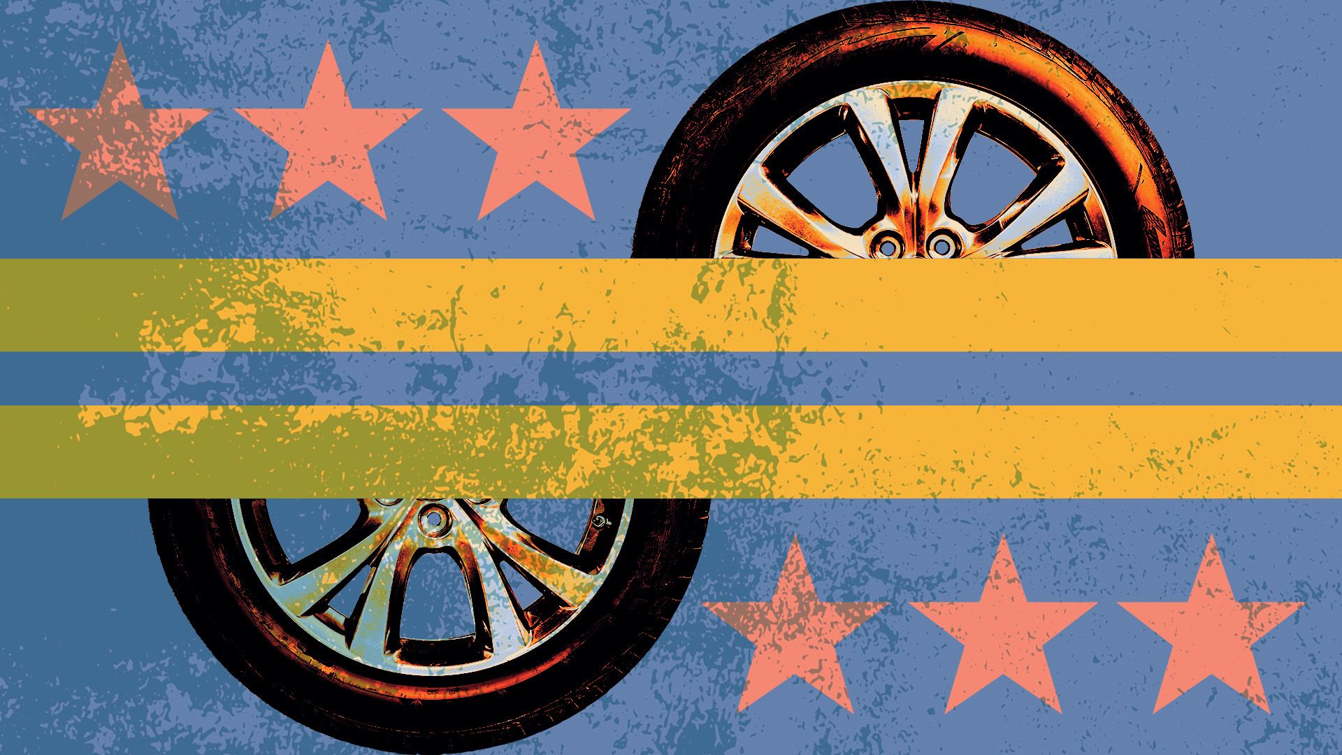 Illustrated collage of tires, stars, and yellow lines