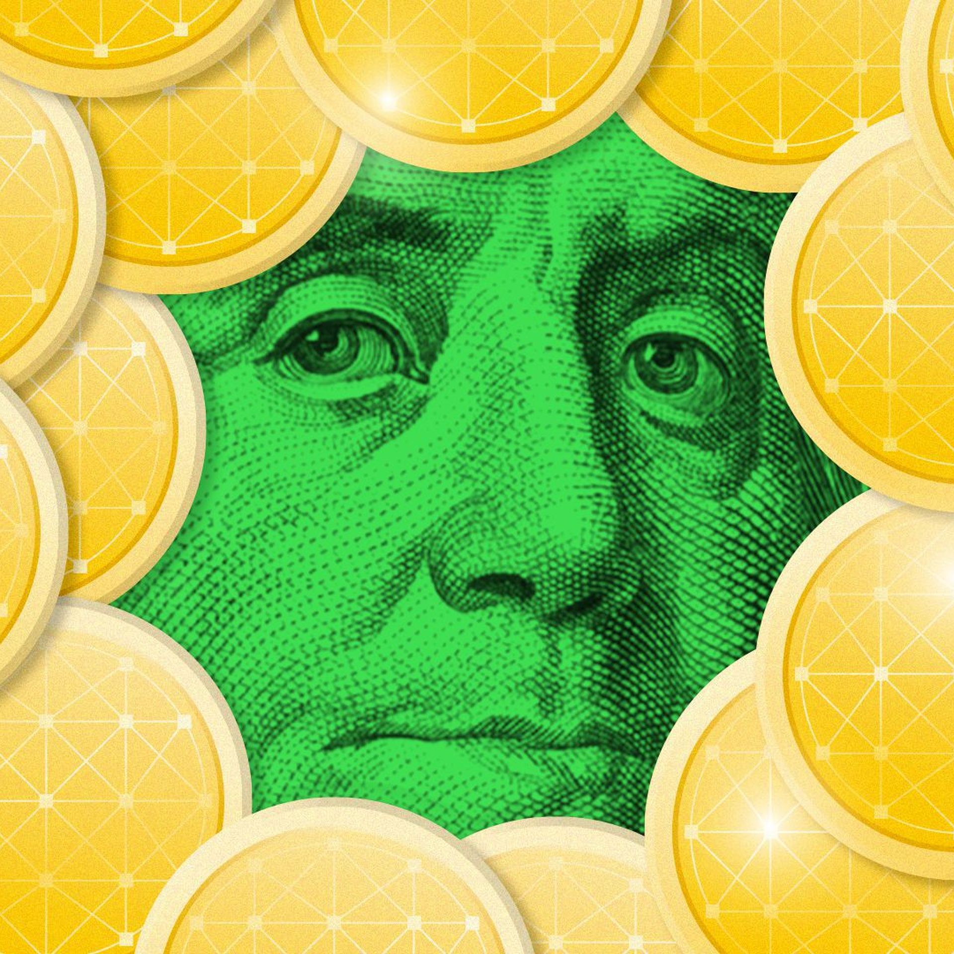 illustration of gold digital coins around Ben Franklin face