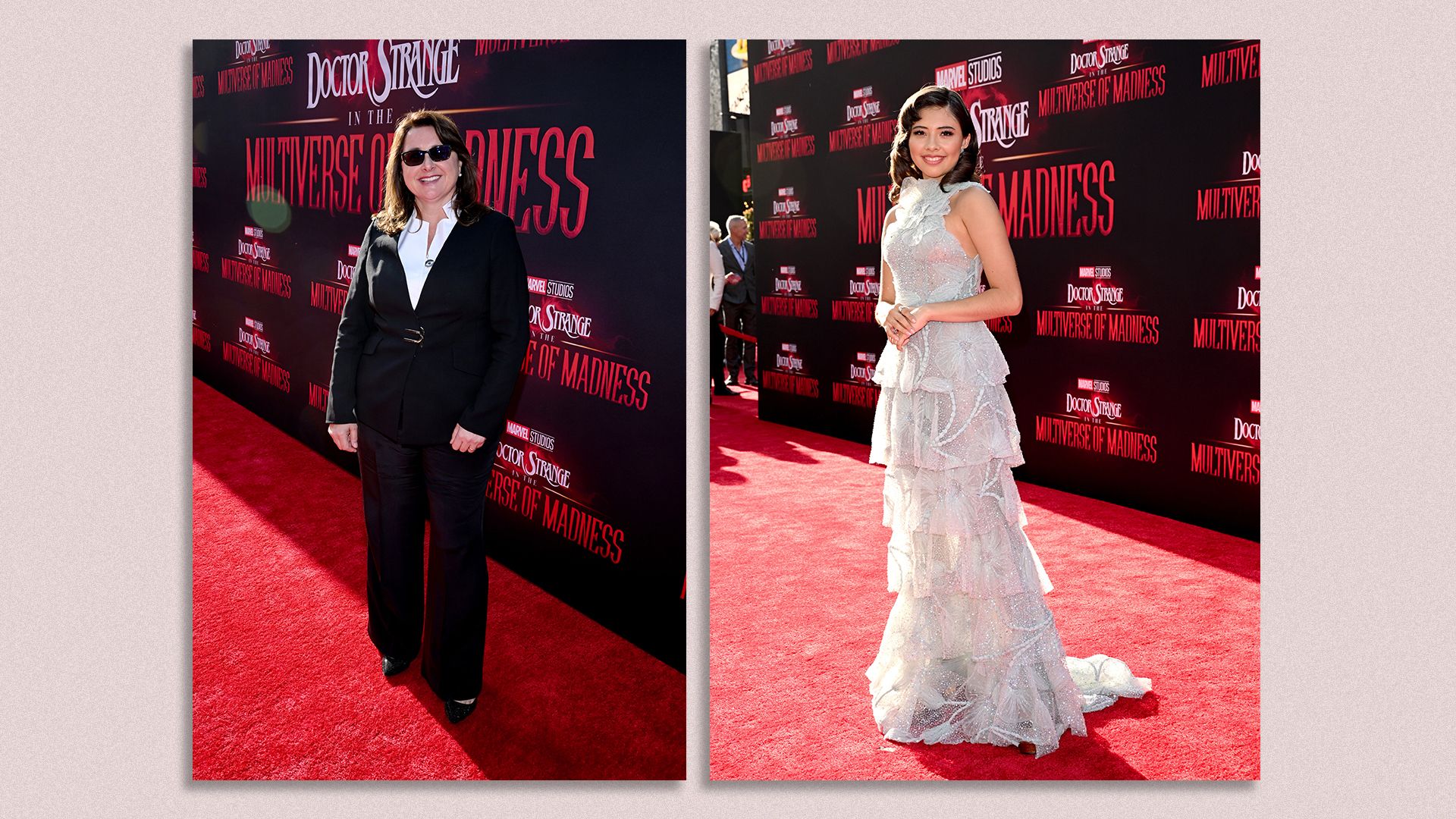 Two side-by-side photos show Victoria Alonso, left, posing at the premier of the Marvel's "Doctor Strange in the Multiverse of Madness" and to the right is Xochitl Gomez, who is in the movie