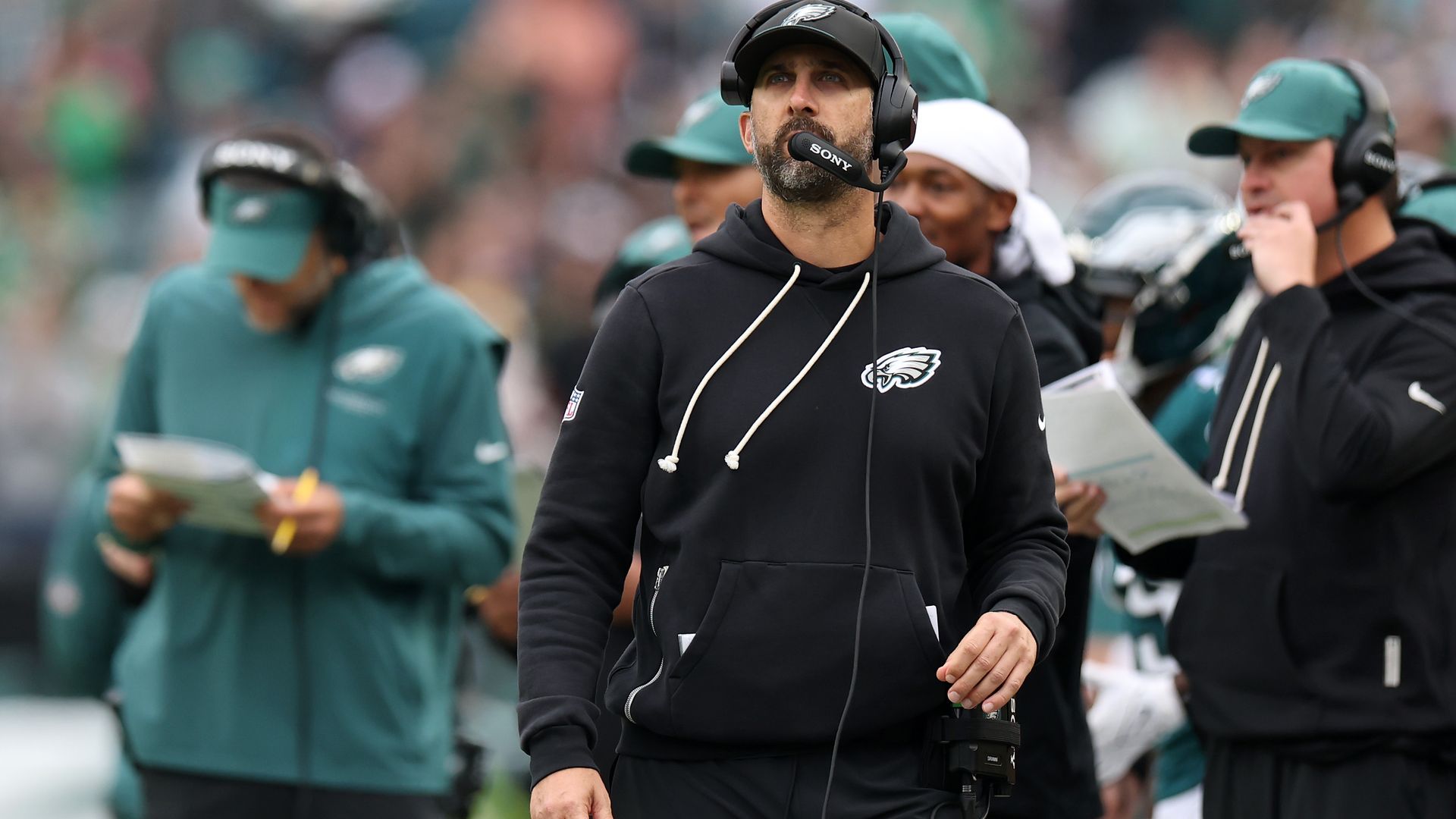 Eagles head coach Nick Sirianni looks on from the sideline during his team's 24-20 loss to the Rams.