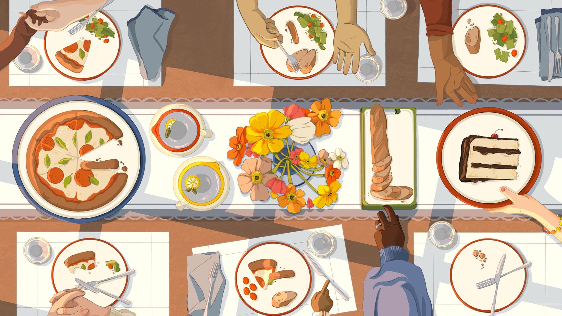 An illustrated image of hand reaching across a table filled with food.
