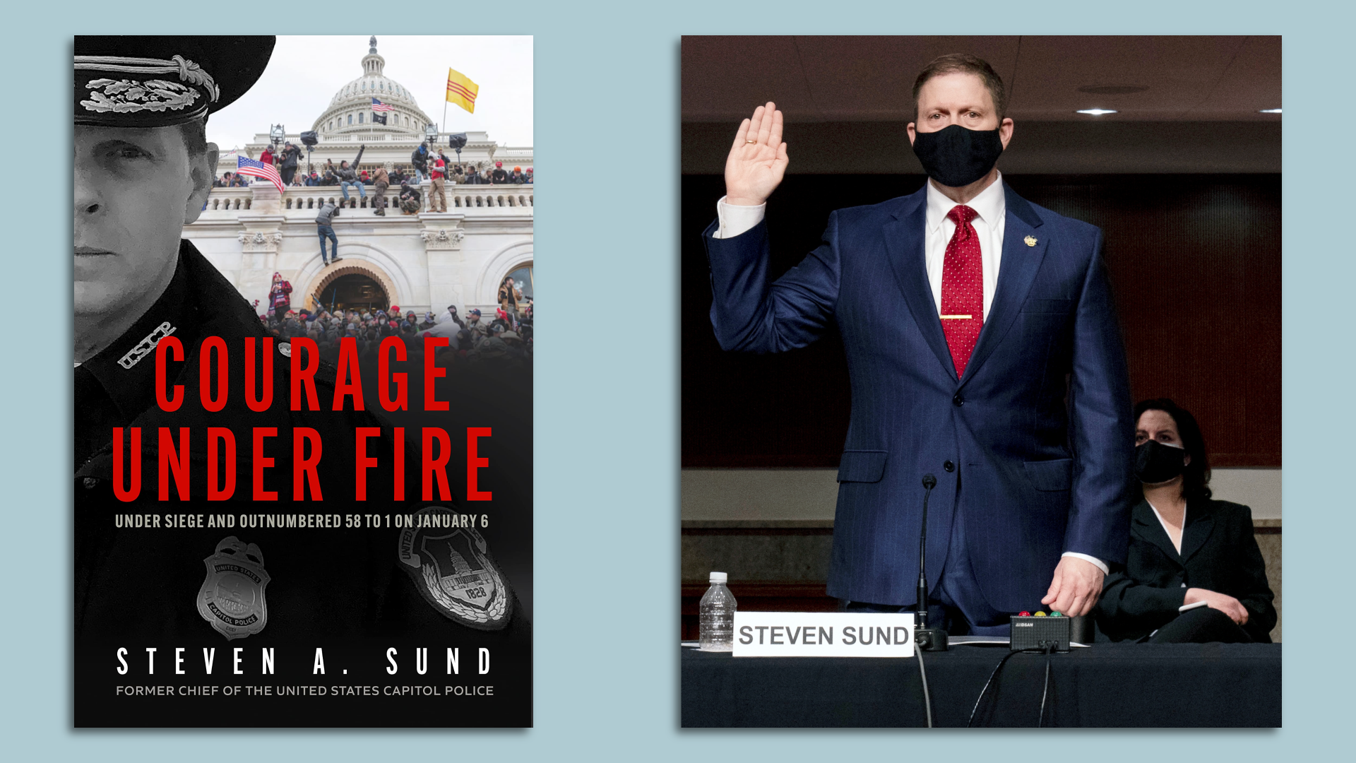 Right: Steven Sund is sworn in before a Senate hearing in 2021.
