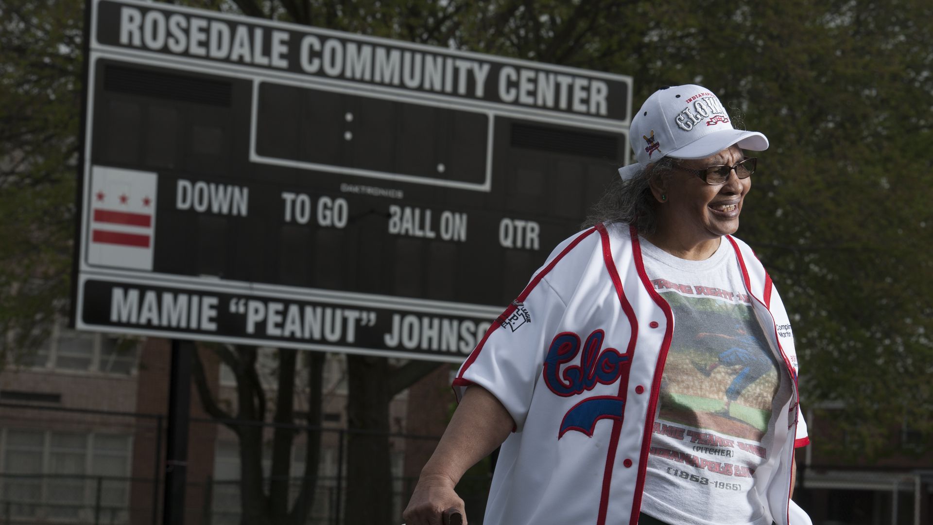 Mamie "Peanut" Johnson is photographed at a D.C. ball field named after her in 2013