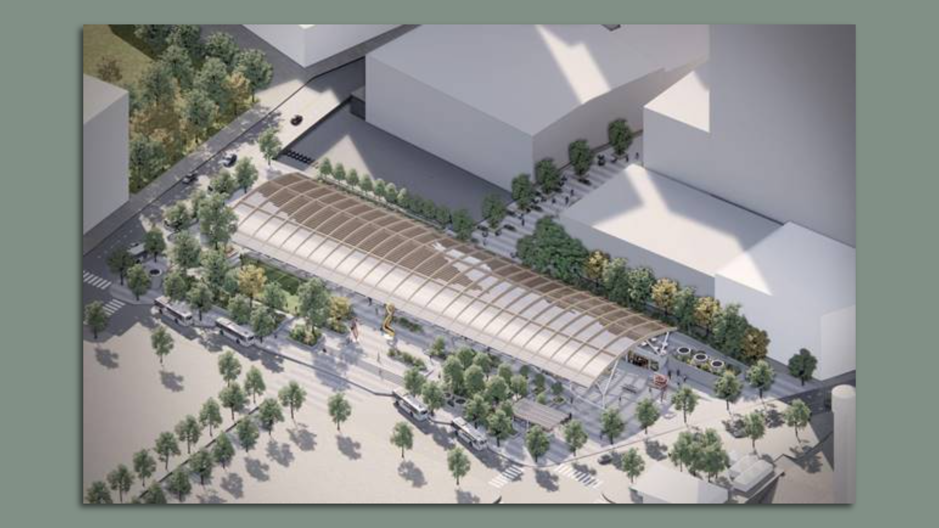An aerial view rendering of a proposed MARTA station with a glass awning