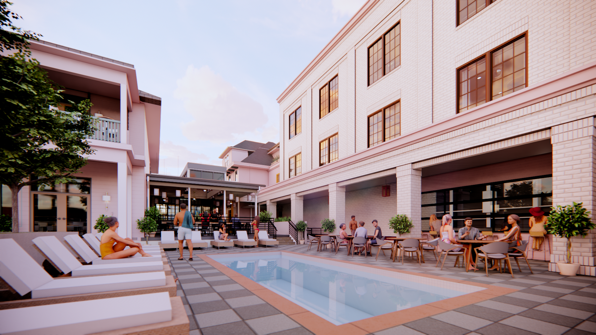 A rendering of a an outdoor hotel pool with a checkerboard pool deck.
