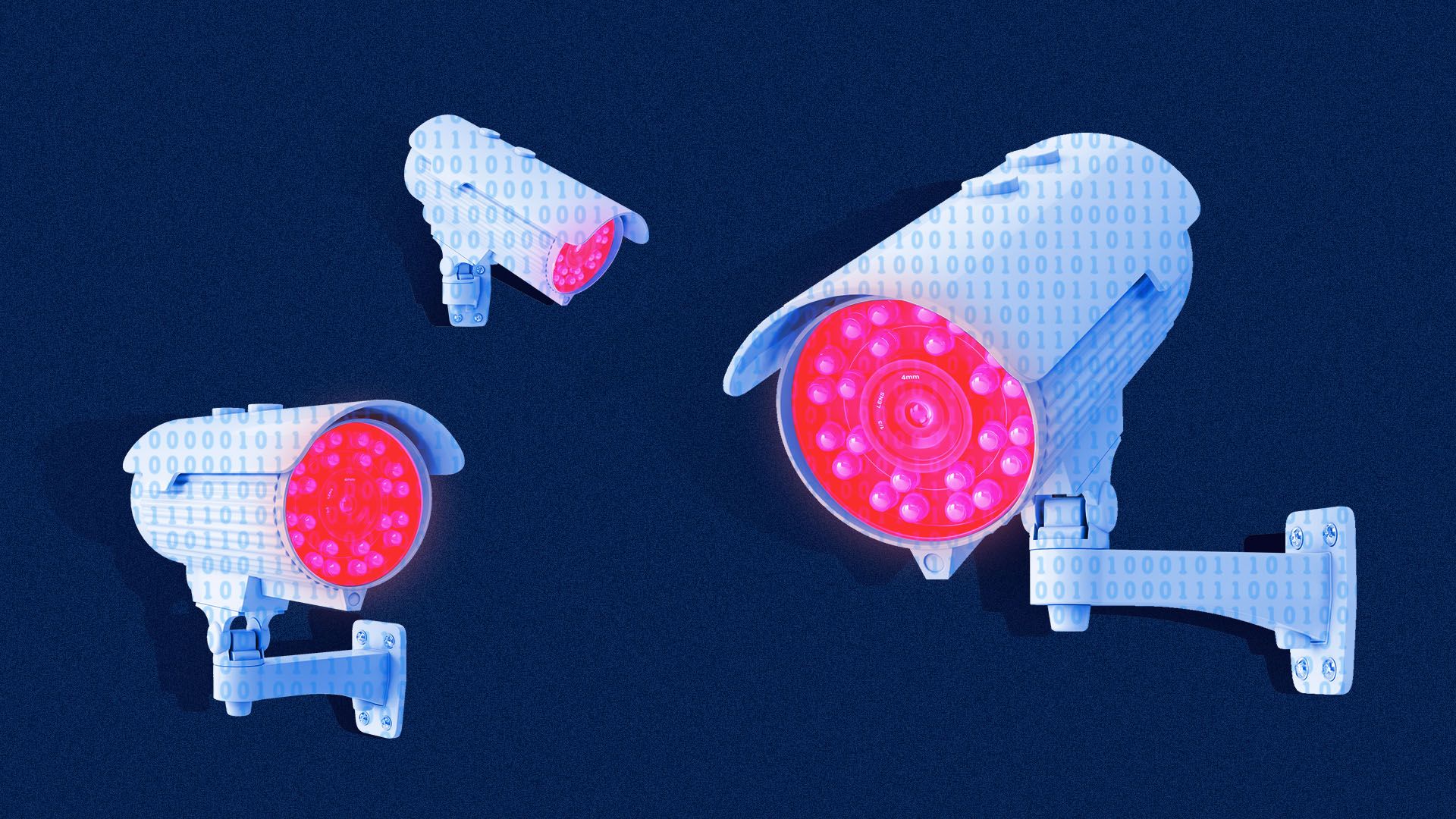 Illustration of surveillance cameras with a binary code overlay