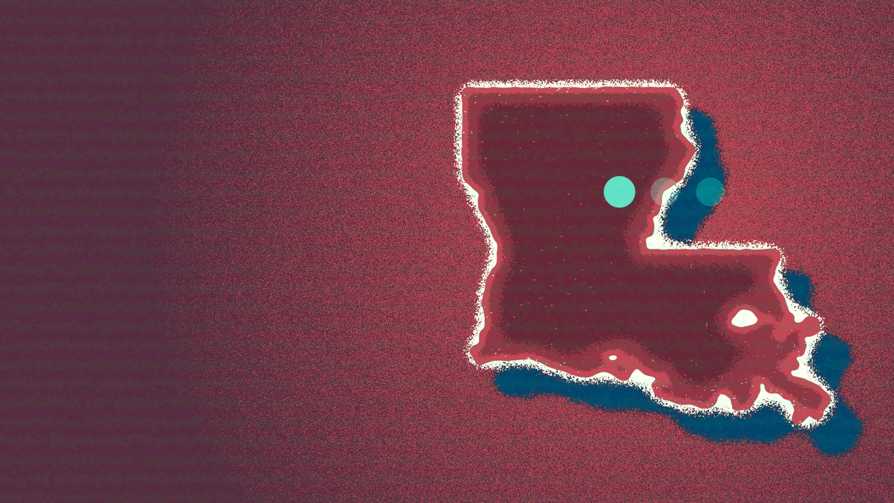 Animated illustration of the state of Louisiana glitching, with an ellipsis cycling through its dots on top of it.