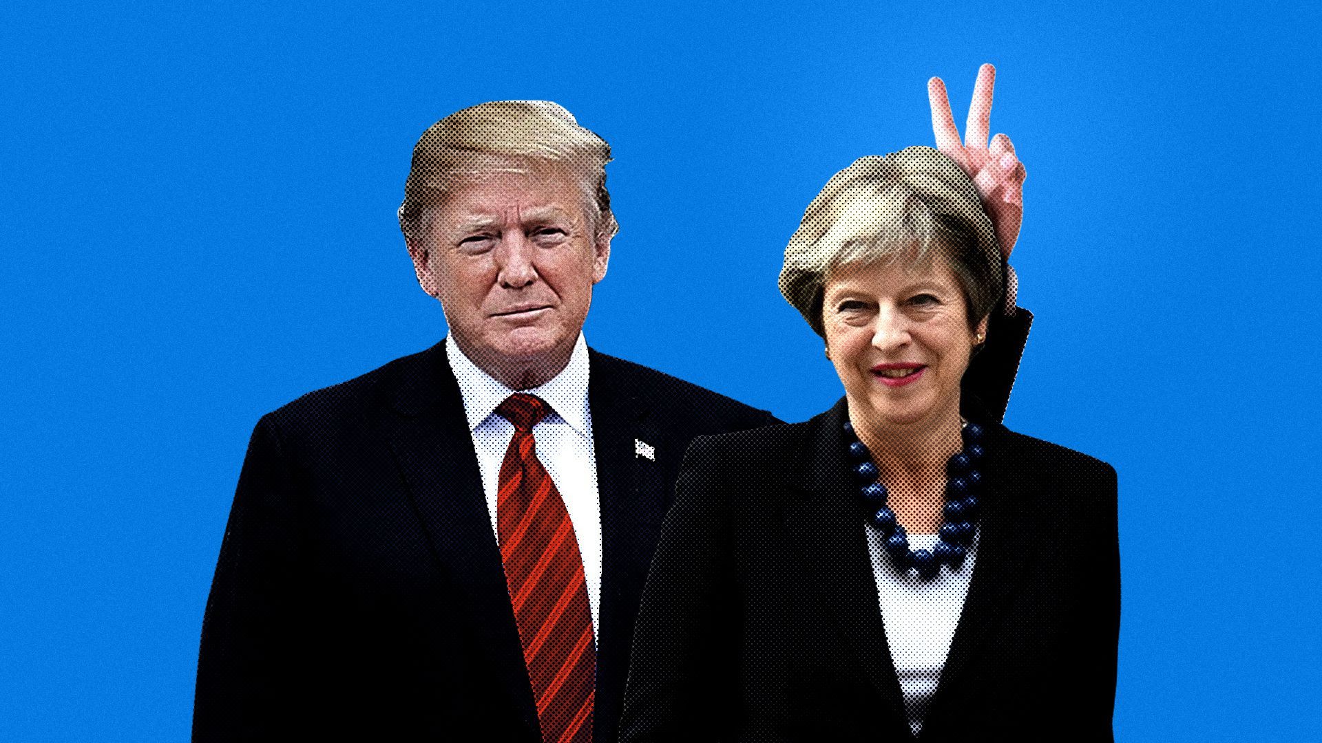 Illustration of Trump making a peace sign behind Theresa May's head
