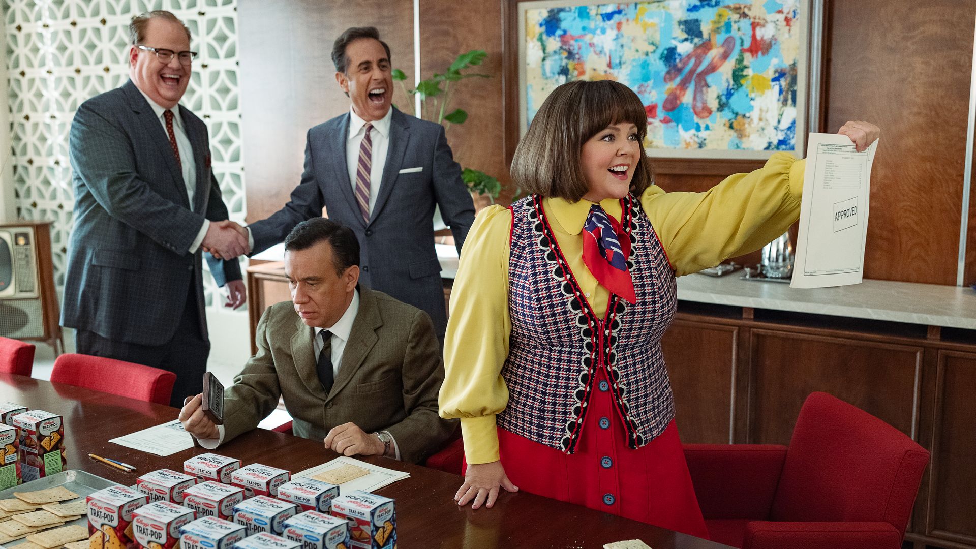 Photo still of Jim Gaffigan, Jerry Seinfeld, Fred Armisen and Melissa McCarthy in "Unfrosted: The Pop-Tart Story."
