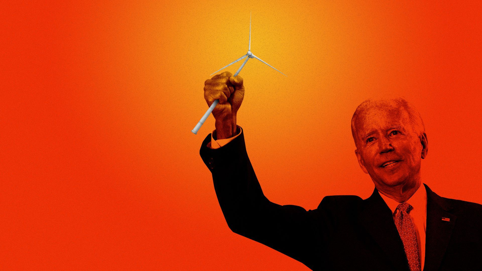 Photo illustration of Joe Biden holding up a wind turbine in his fist. 