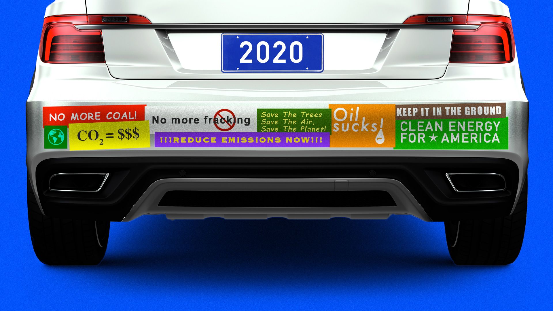 A car overloaded with climate change bumper stickers