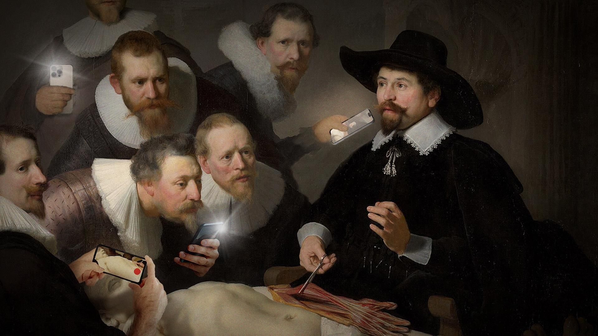 Illustration of the painting The Anatomy Lesson of Dr. Nicolaes Tulp, with all of the students recording with smart phones.