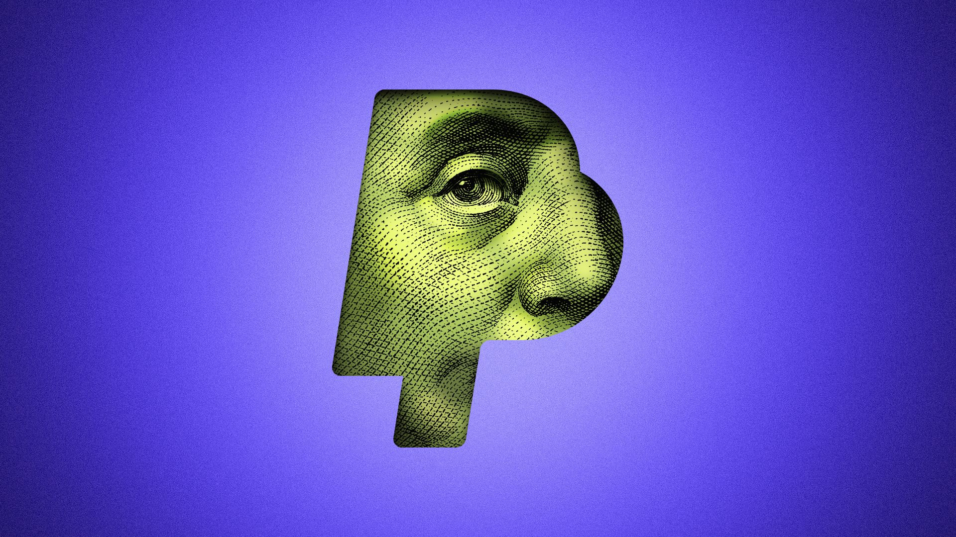 Illustration of Benjamin Franklin from a hundred dollar bill looking out from the PayPal logo
