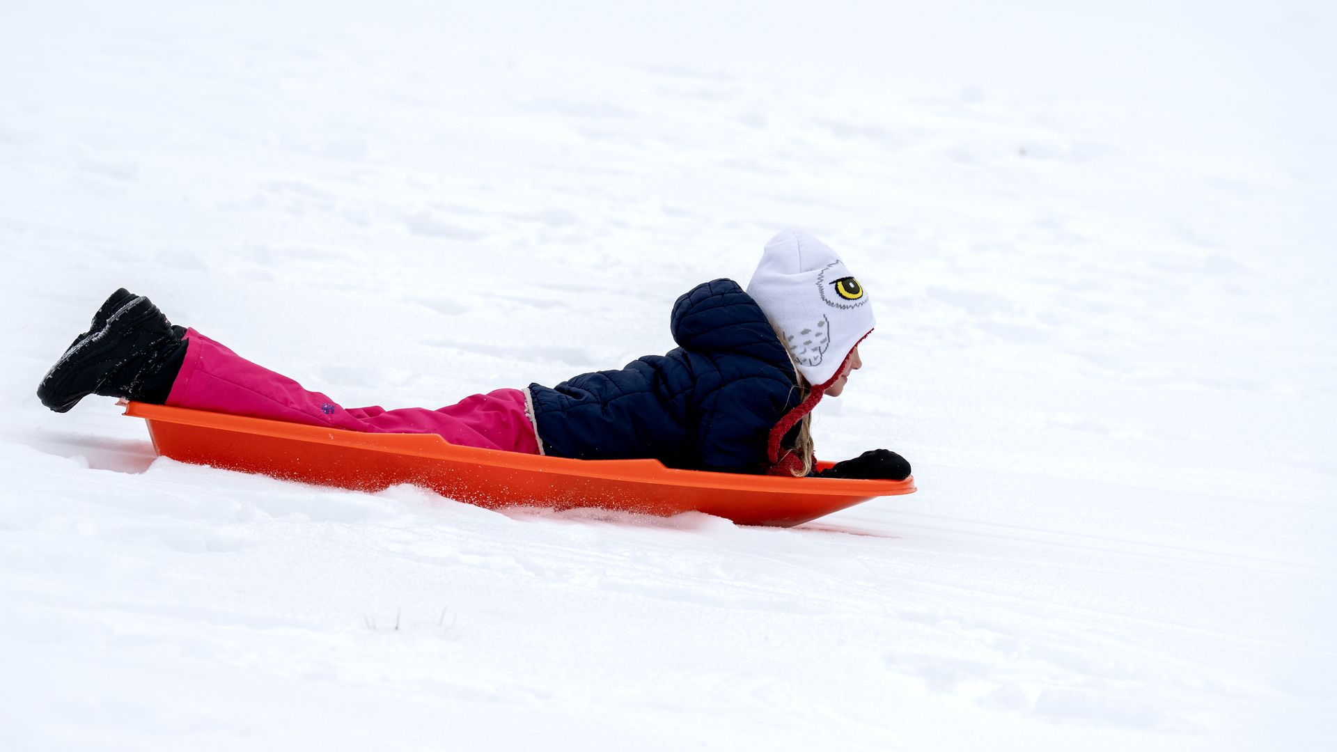 A young person sleds down a hill in the Hillcrest neighborhood on January 24, 2026 in Little Rock, Arkansas.