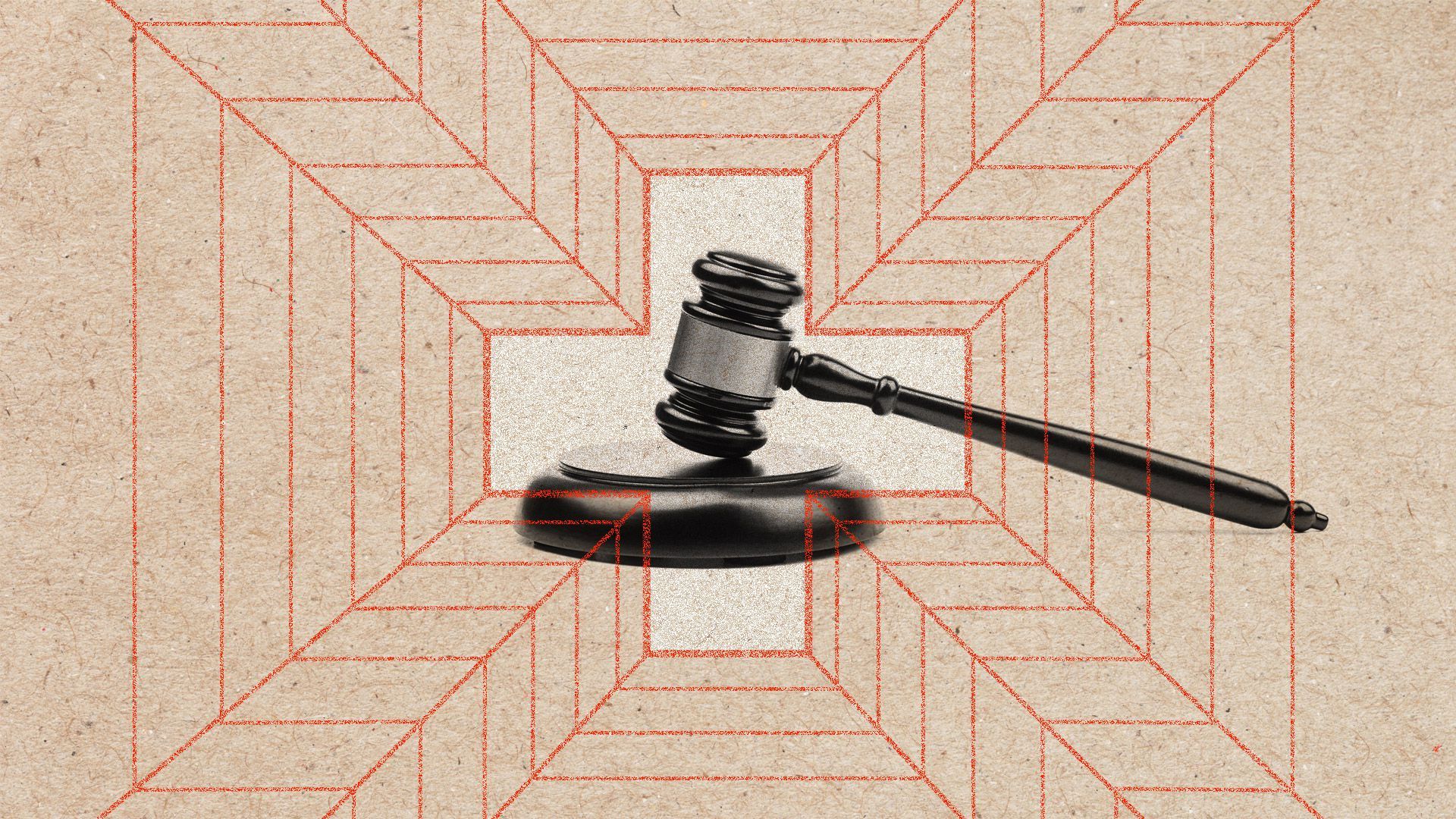 A gavel at the end of a tunnel in the shape of a red cross