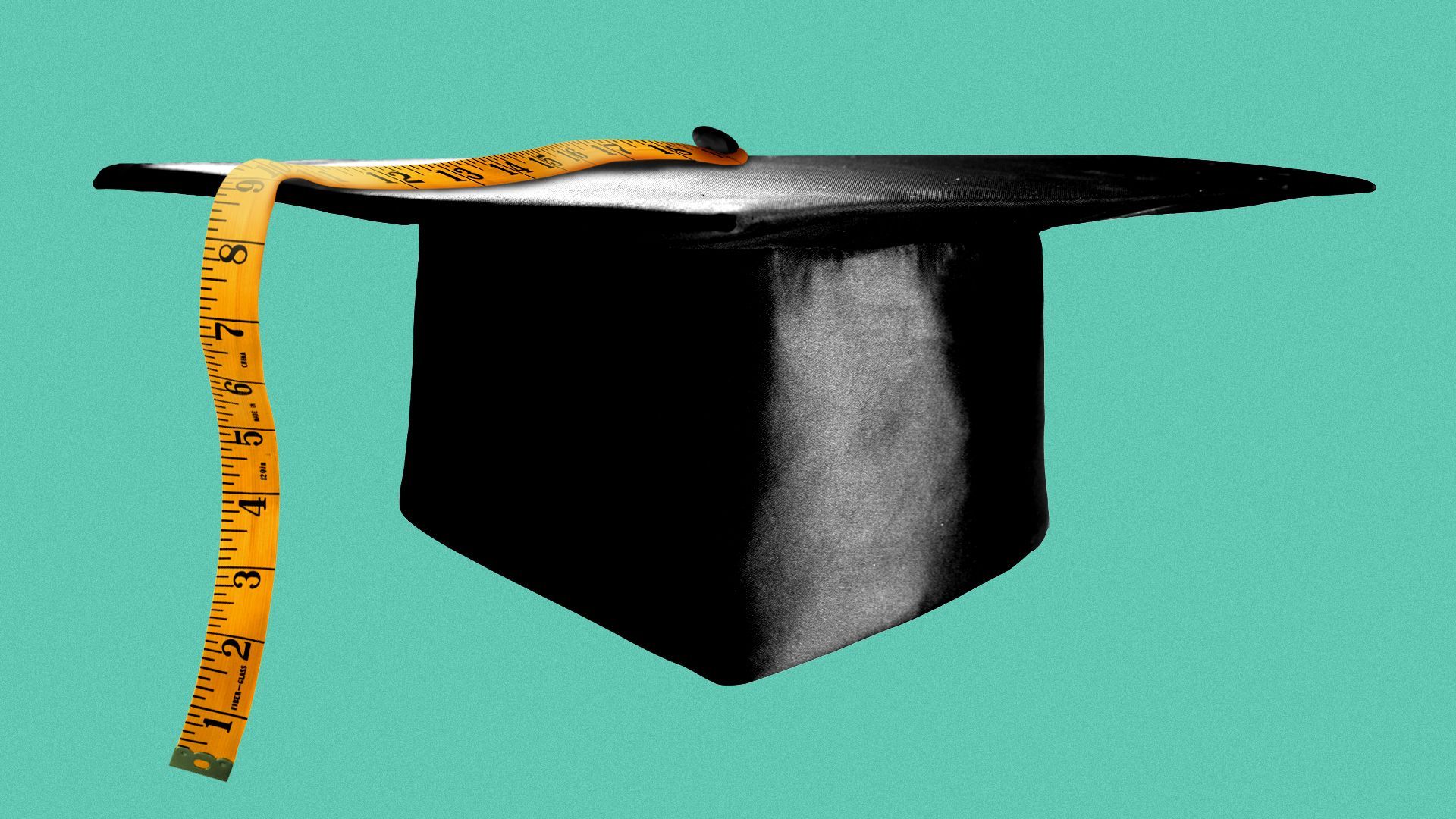 Illustration of flying mortarboard with measuring tape replacing the tassel 