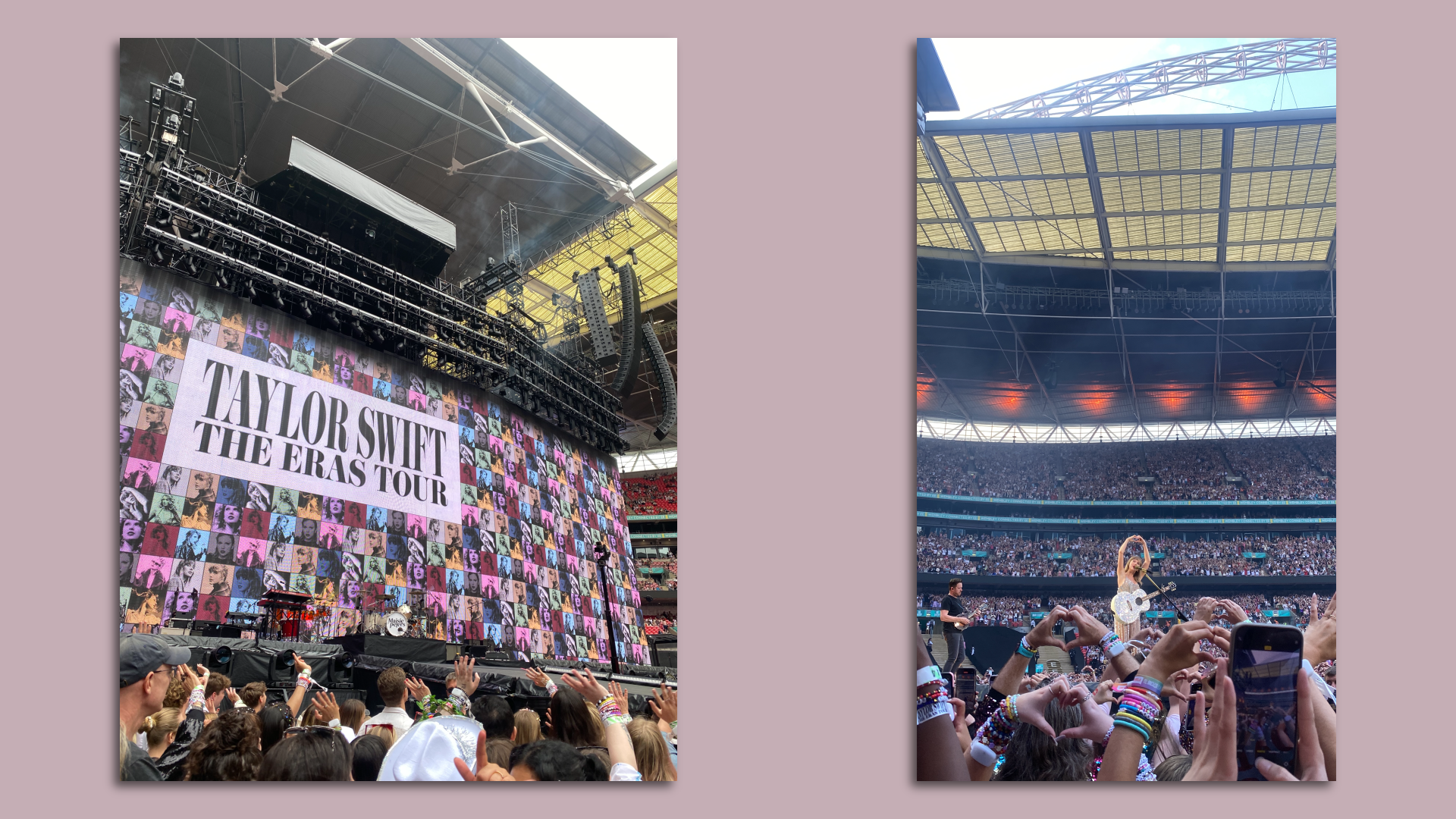 Two images side-by-side from the Taylor Swift Eras Tour show in London in August 