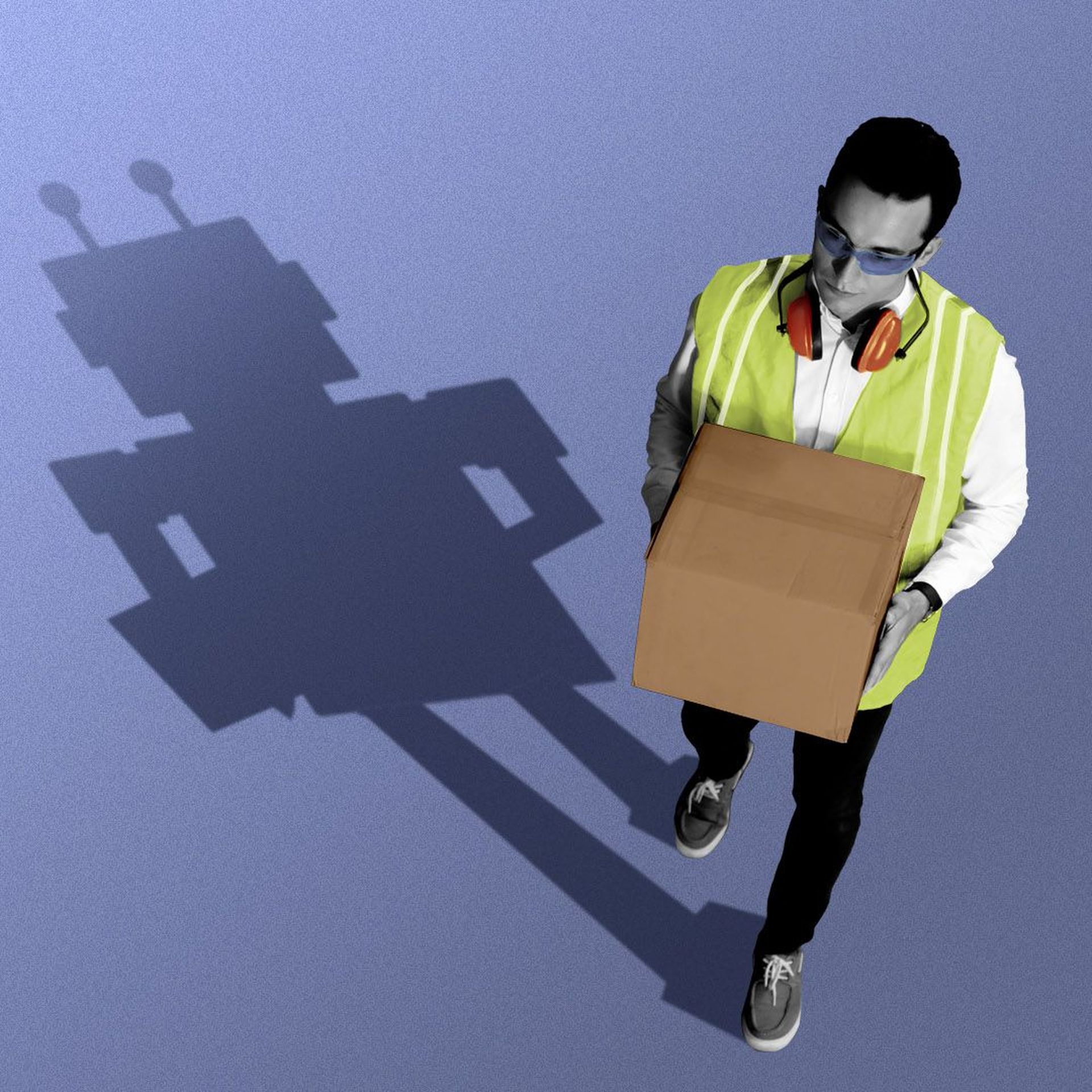 Illustration of a warehouse worker casting a shadow of a robot