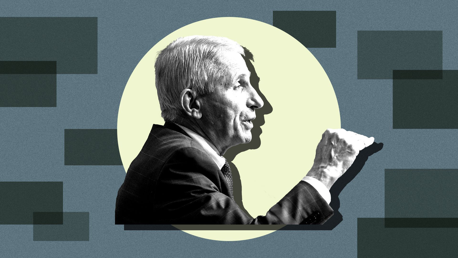 Photo illustration of Anthony Fauci with spotlight on him, and blue rectangles around him.