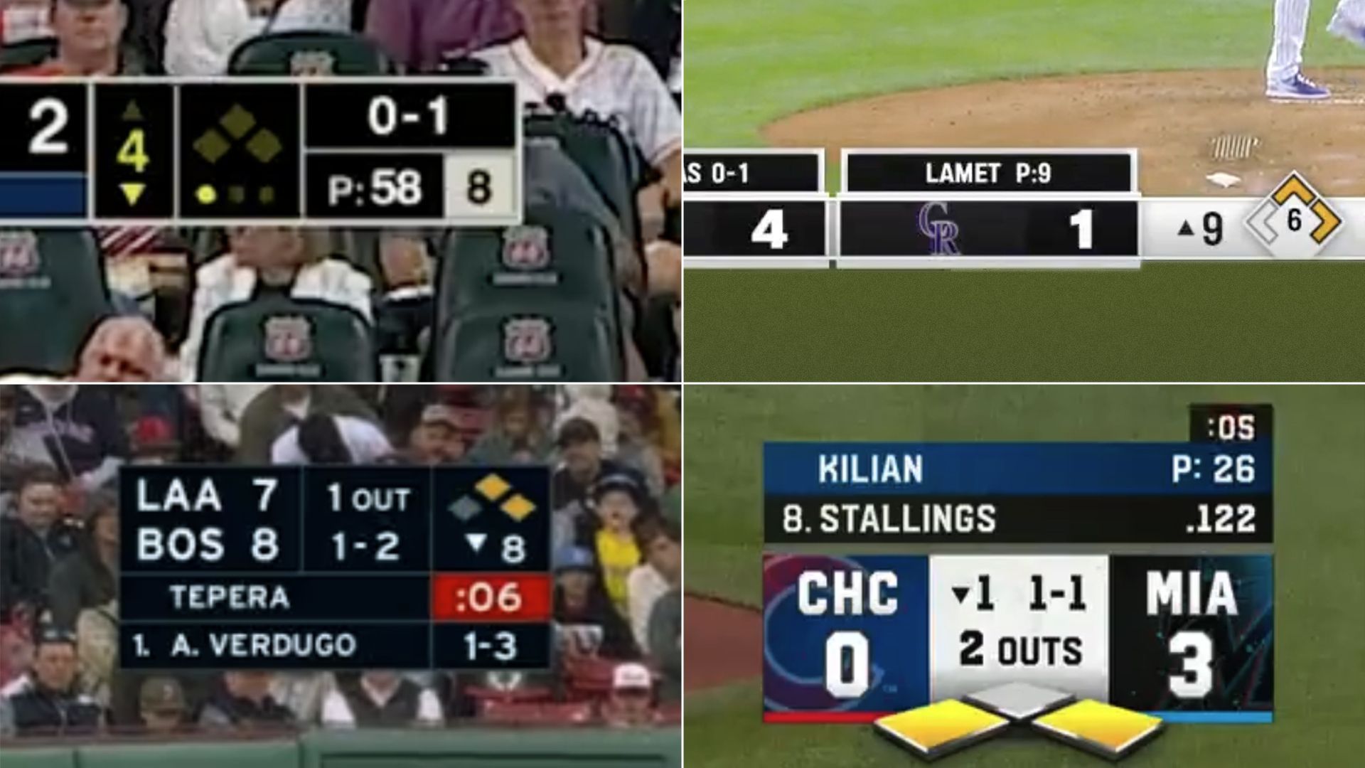 Clockwise from top left: Pitch clock graphics for ESPN, Bally Sports, Fox and NESN. Screenshots via Twitter