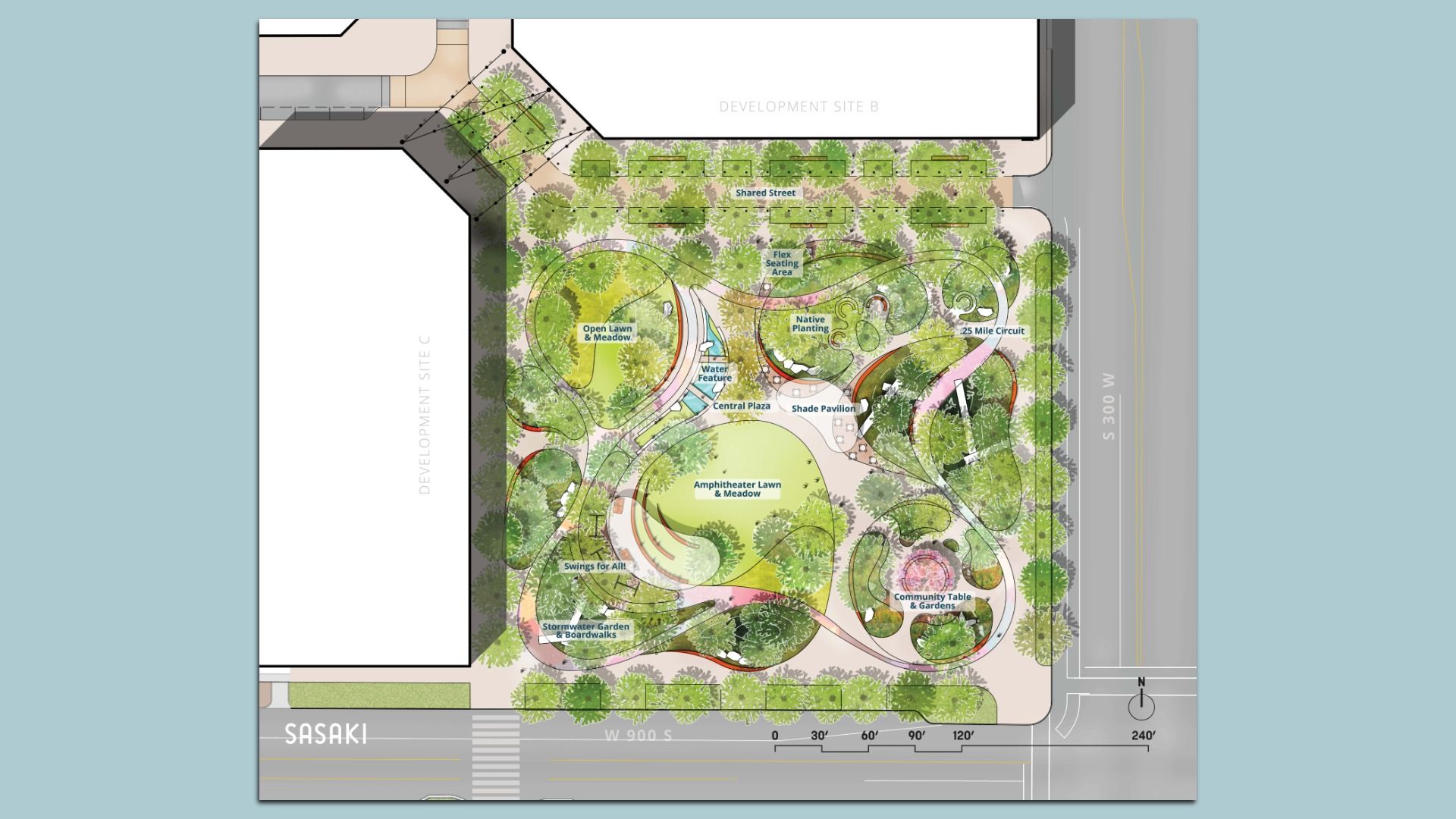Top-down landscape plan of a park with trees, winding paths, lawns, water feature, central plaza, shade pavilion, native planting, and a 25-mile circuit.