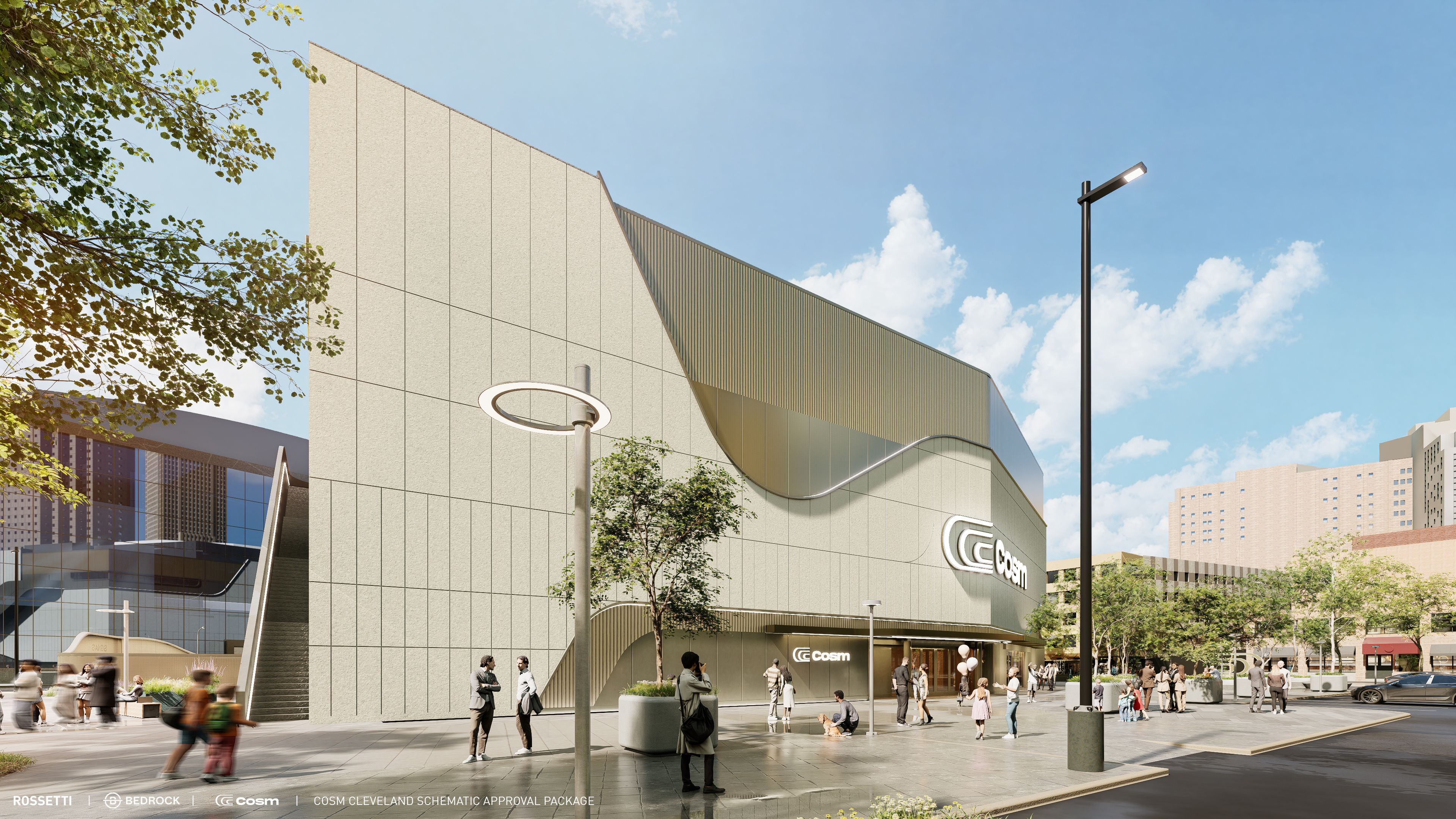 Rendering of white building with some wavy glass