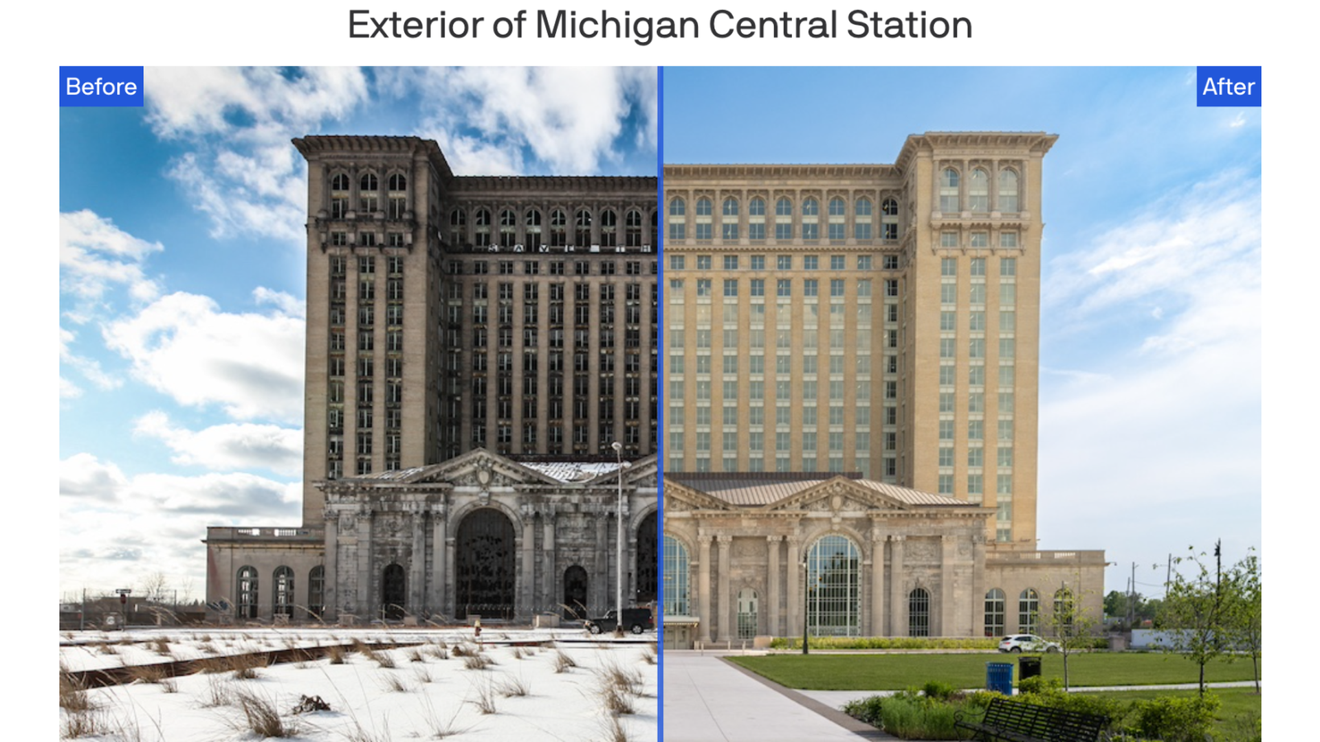 Exterior of Michigan Central Station before and after restoration. Photos: Stephen McGee/Michigan Central