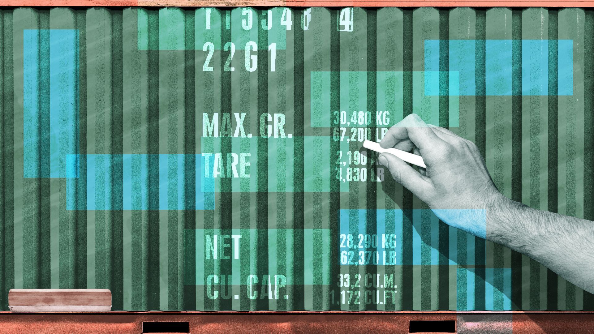Illustration of shipping container as a chalkboard with a hand writing on it