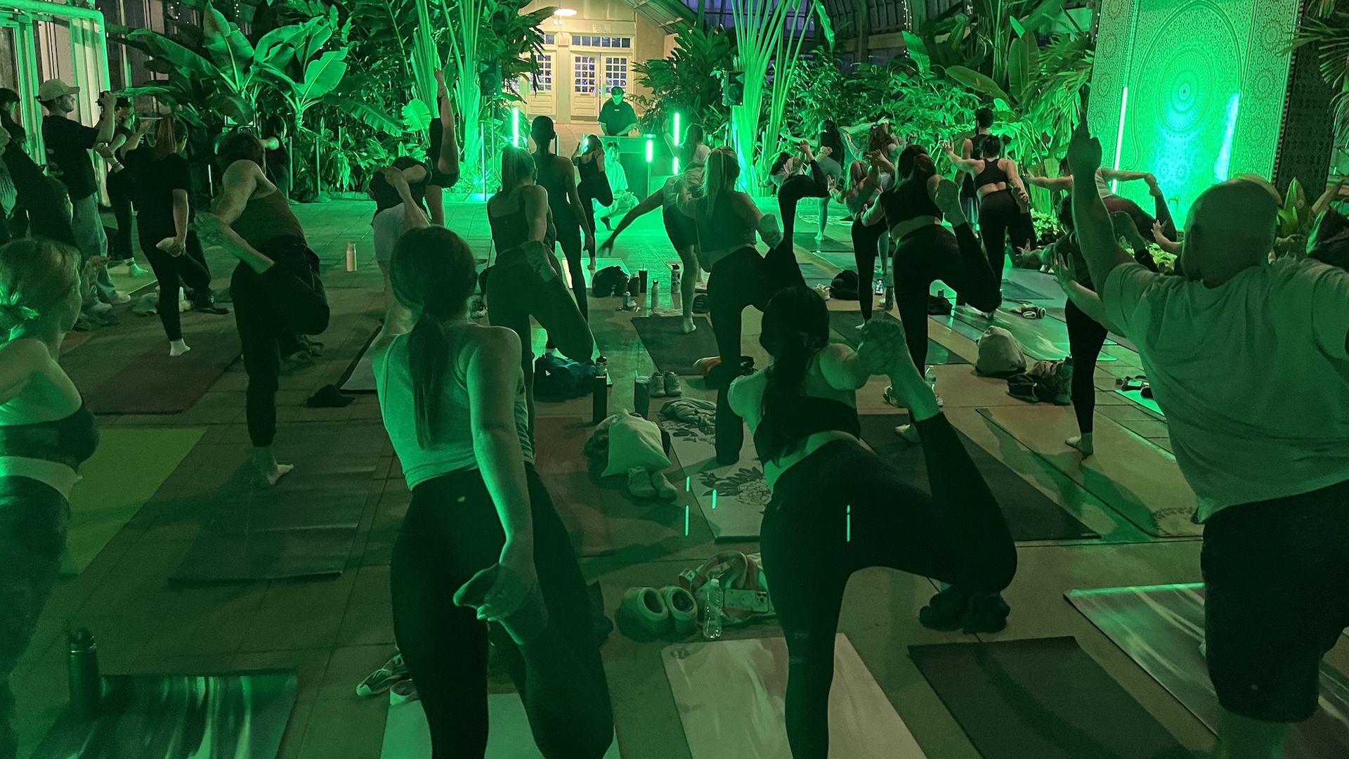 Group yoga class in a green-lit greenhouse with plants around. Many people on mats are balancing on one leg, holding their foot behind them, stretching arms out for balance.