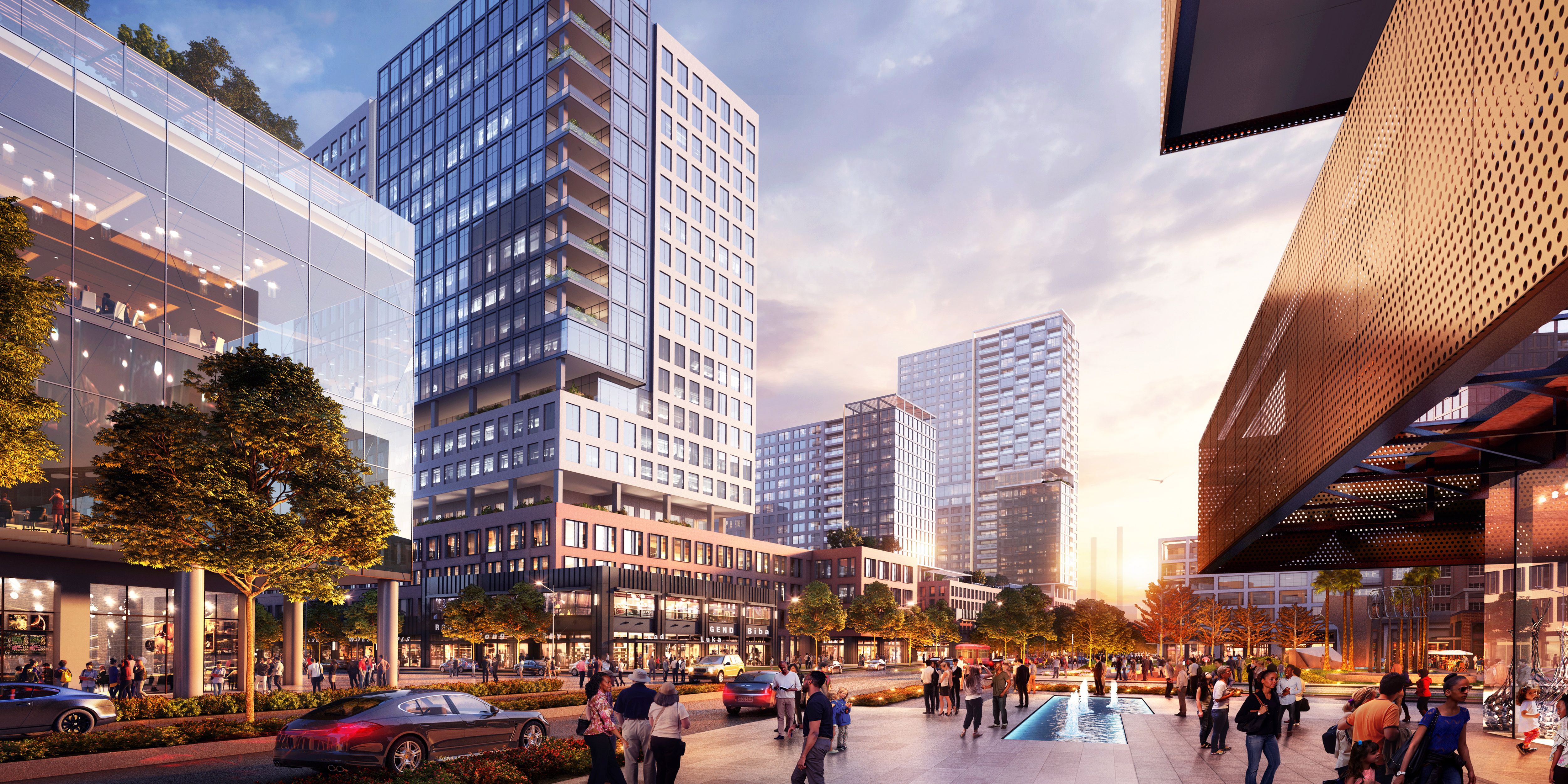 Rendering shows buildings and a walkway in front of the convention center in New Orleans.