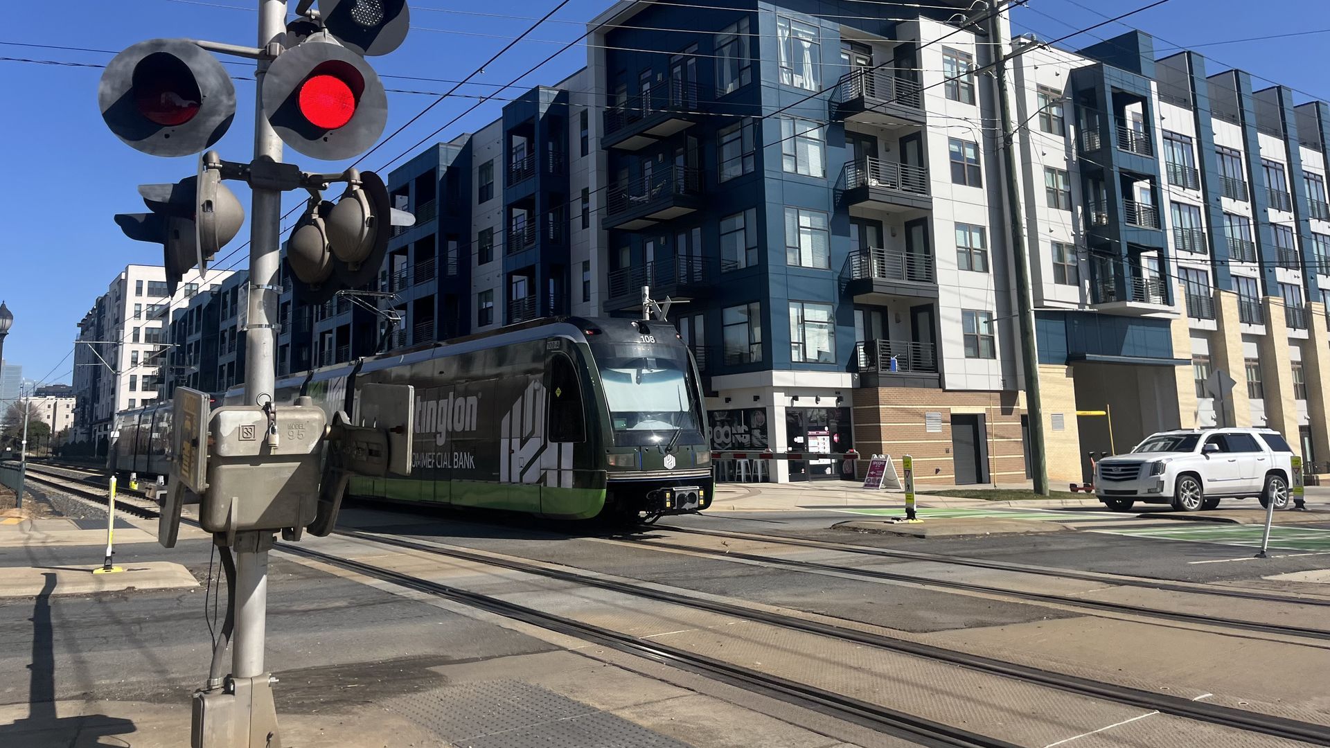 The Blue Line light rail in South End. Photo: Alexandria Sands/Axios