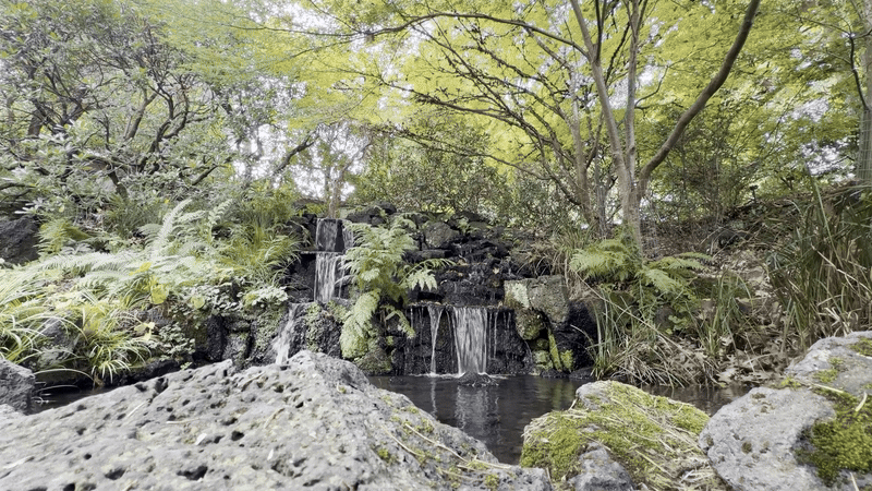 Animated gif of a small waterfall among rocks and green trees.