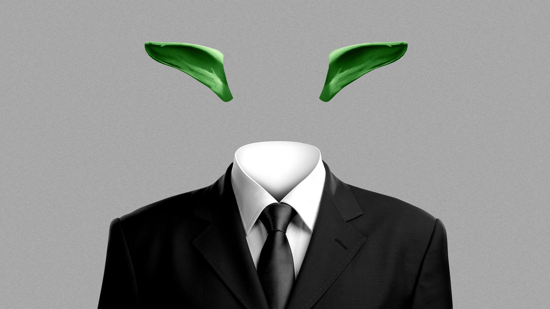 Illustration of a suit without a head, and goblin ears off to the sides.