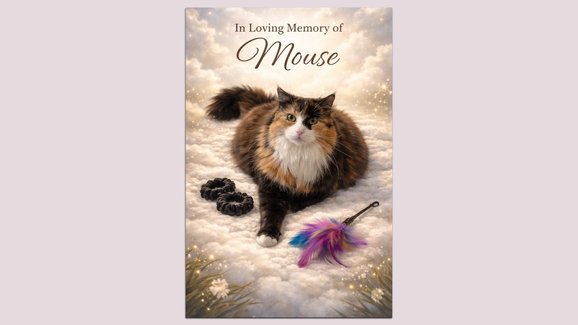 Memorial poster with a fluffy calico cat on snow, in a soft, sparkly background, and the title "In Loving Memory of Mouse" at the top.