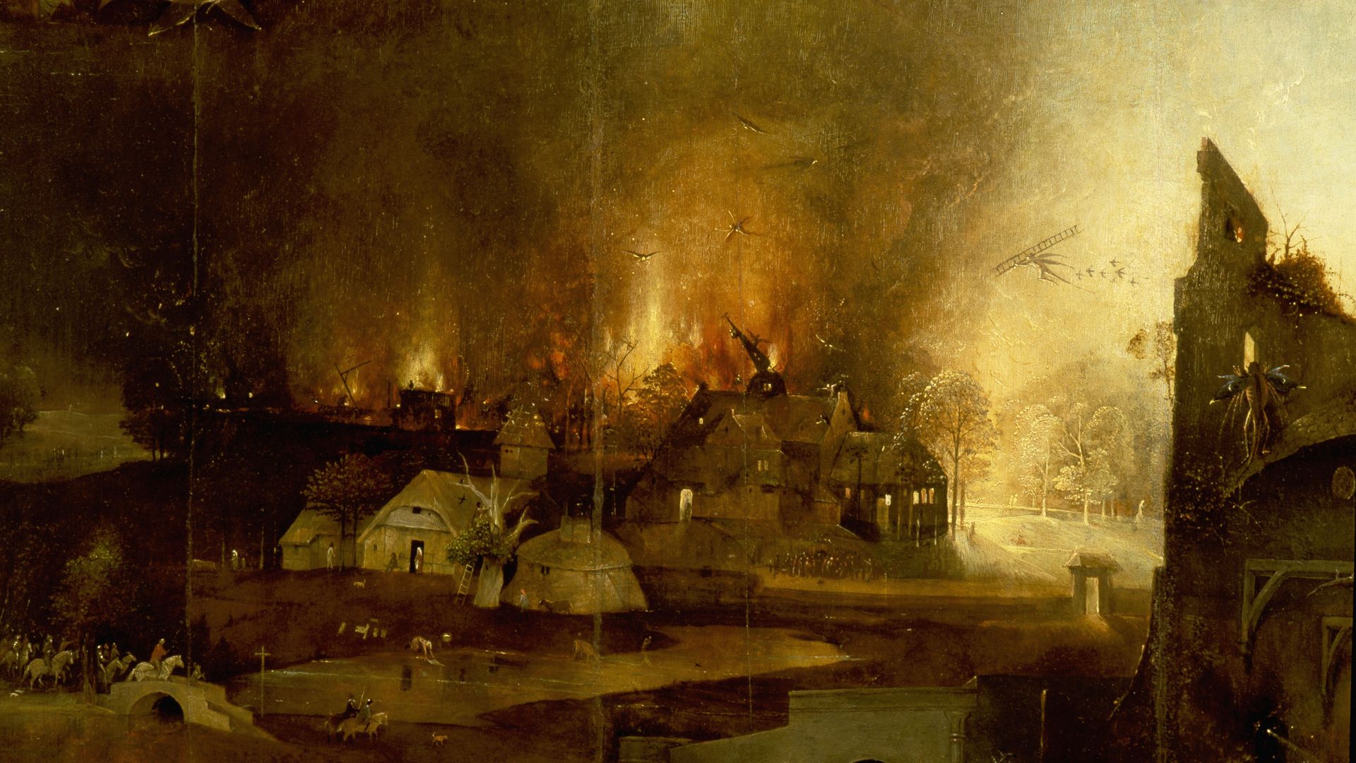 Detail showing a fire in the Hieronymous Bosch triptych "The Temptation of St. Anthony."