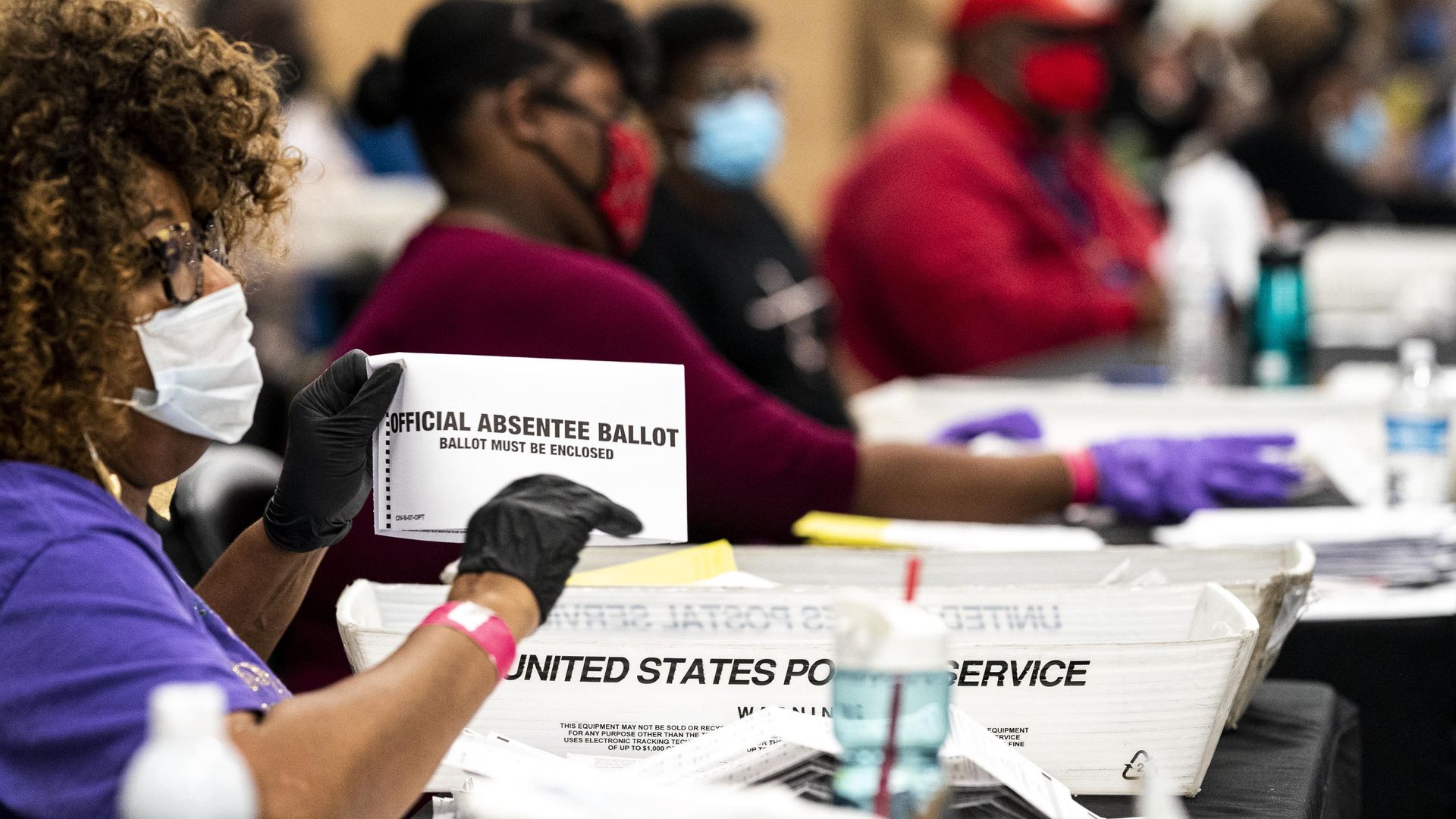 absentee ballots and overseas ballots are received and processed at the Elections Preparation Center at State Farm Arena in Atlanta, Georgia on Tuesday November 3, 2020