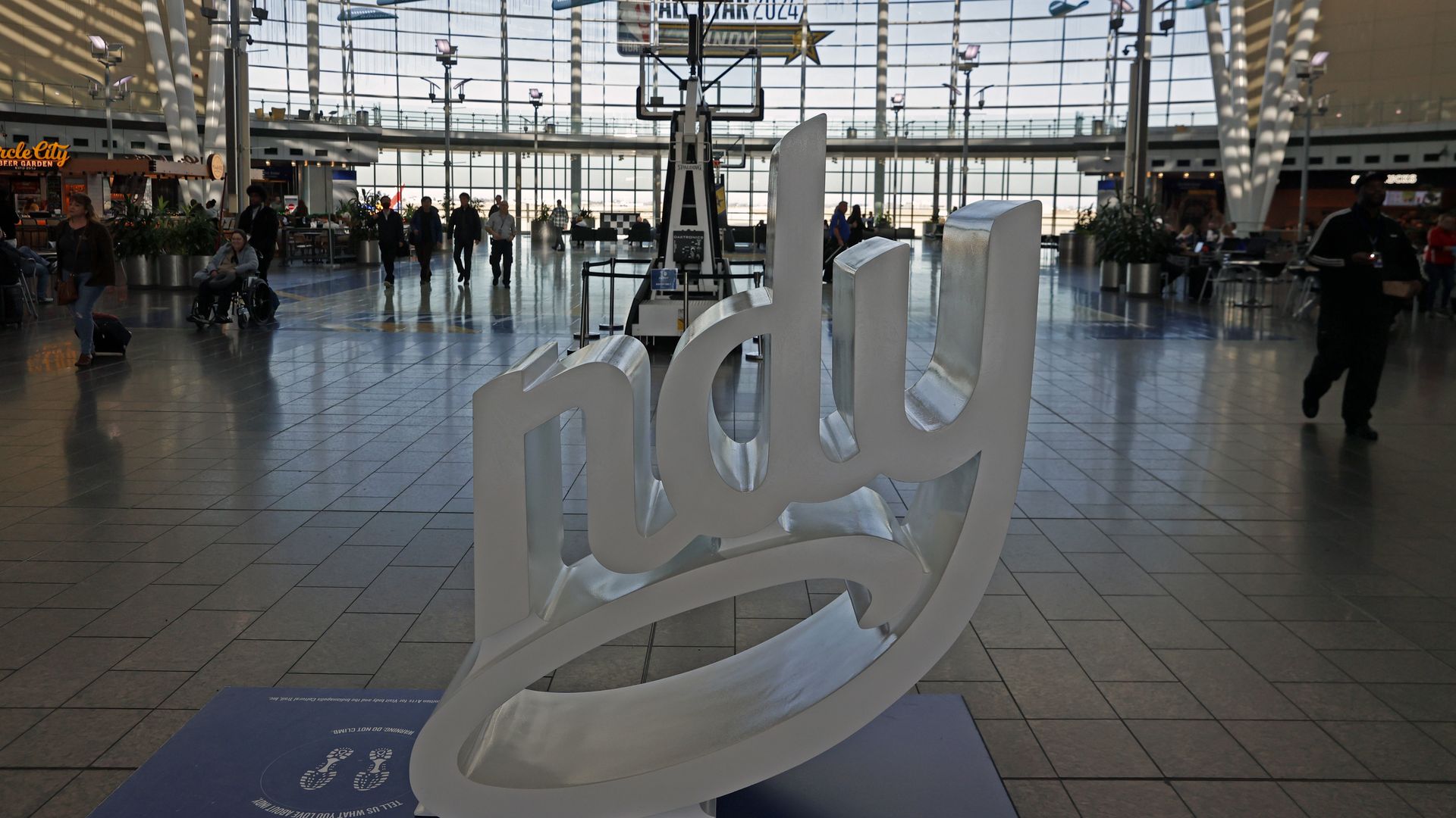 Signage on display at the Indianapolis International Airport to commemorate the 2024 NBA Allstar game as seen on February 3, 2024, before the 2024 NBA Allstar Game is played at Gainbridge Fieldhouse in Indianapolis, Indiana. (
