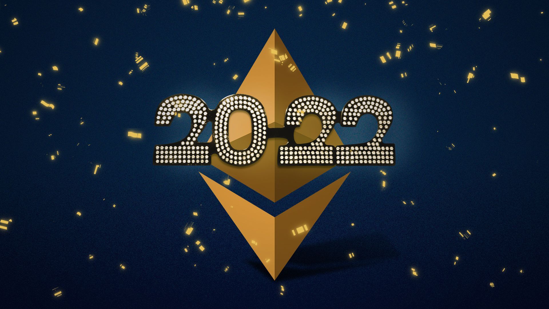 Illustration of the Ethereum wearing 2022 glasses, surrounded by confetti. 