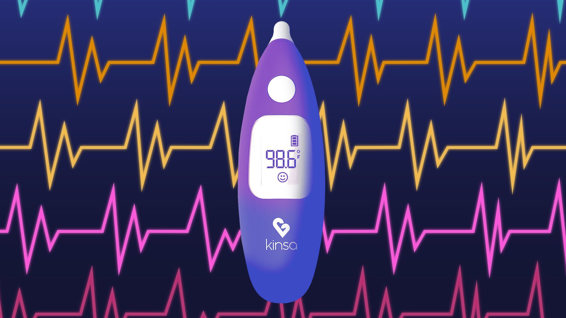 Illustration of a Kinsa thermometer with EKG lines in the background