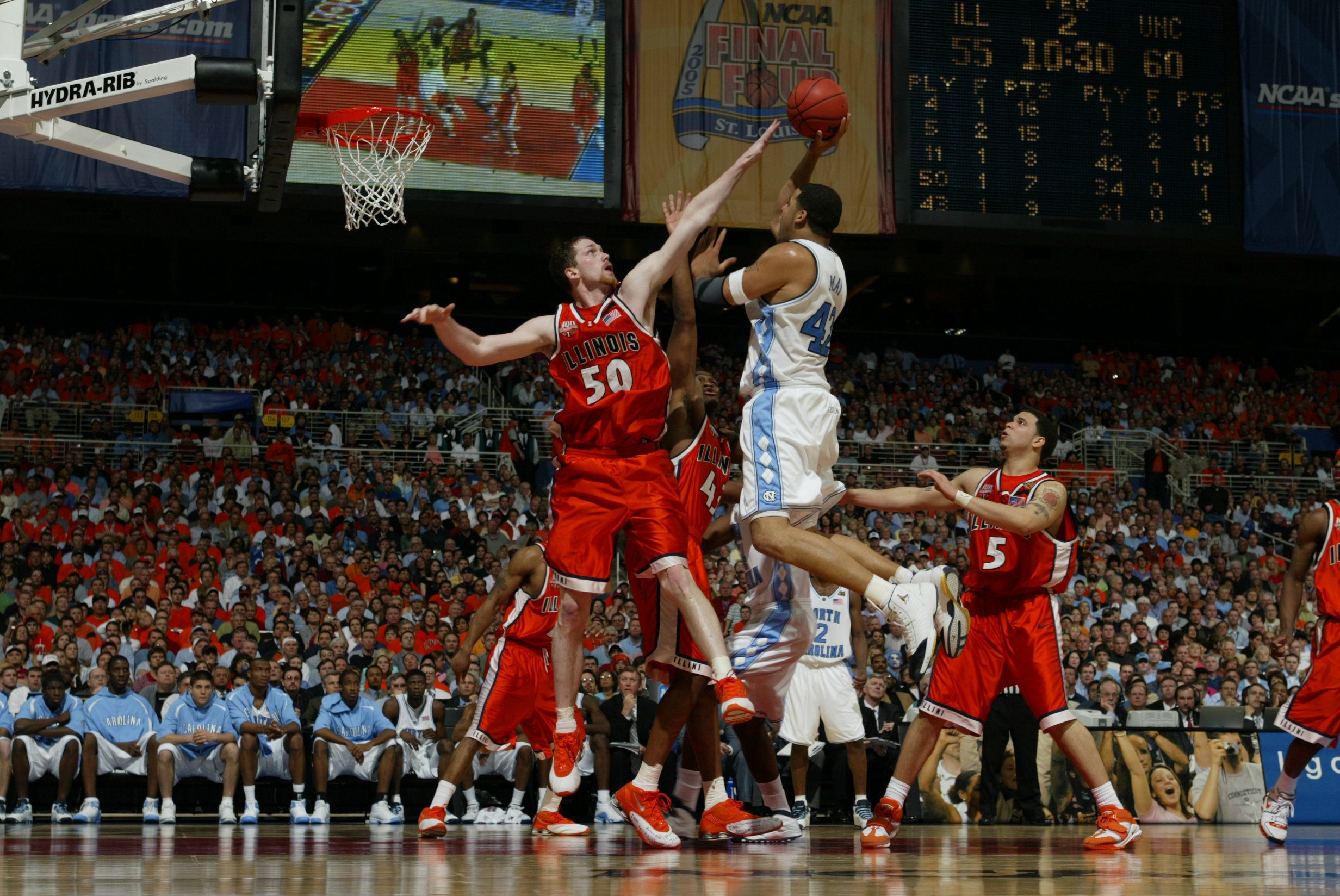 Apr 04, 2005; St Louis, MO, USA; NCAA College Basketball (Final Championship Game: Illinois vs North Carolina) PICTURED: Sean May shoots over Jack Ingram. NC won 75-70. Illinois Fighting Illini v North Carolina Tar Heels in the NCAA Final championship game on Monday, Apr. 4, 2005 at the Edward Jones Dome in St. Louis, MO. (Photo by Sporting News via Getty Images/Sporting News via Getty Images via Getty Images)
