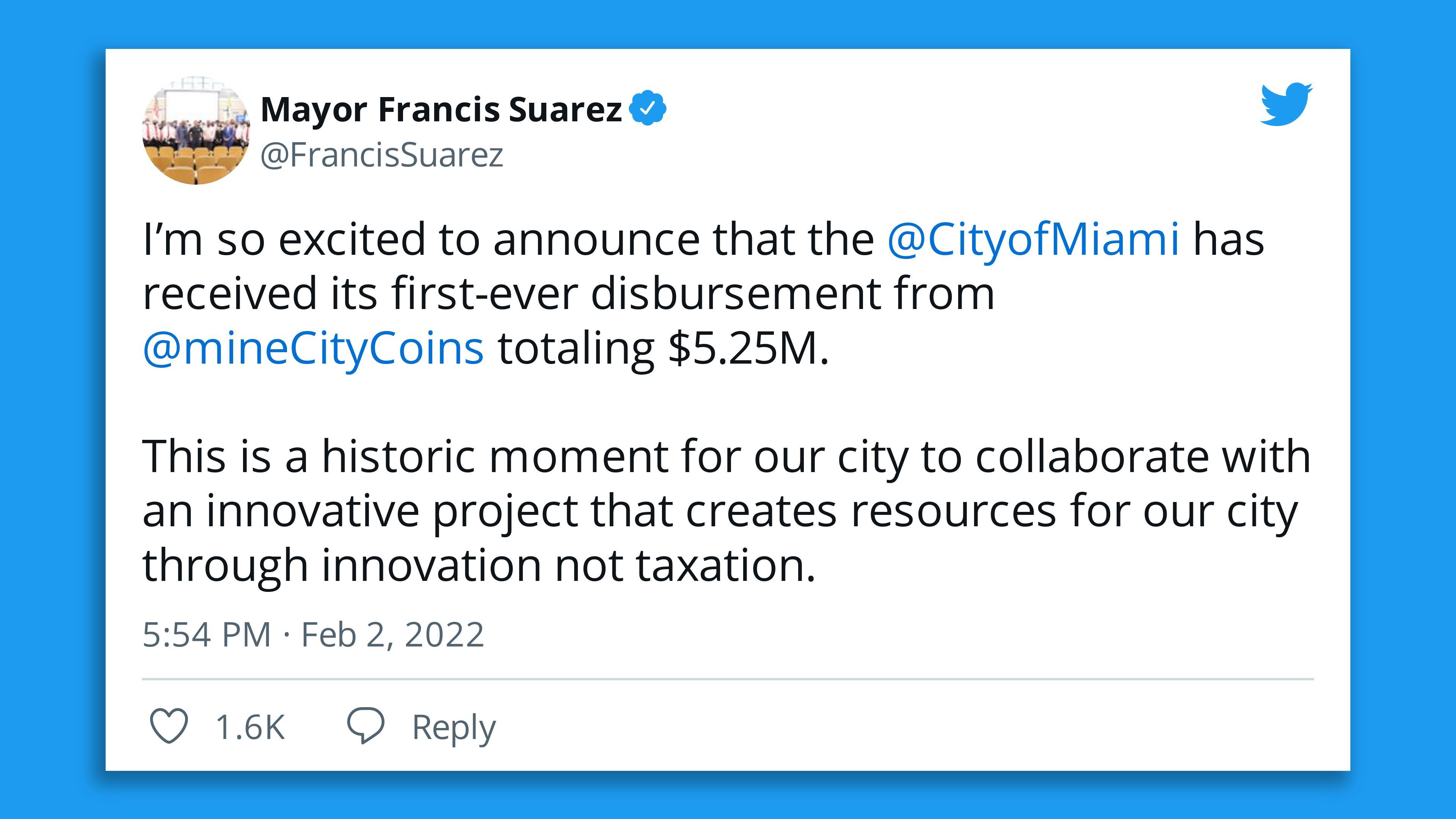 A screenshot of a tweet from the Mayor of Miami.