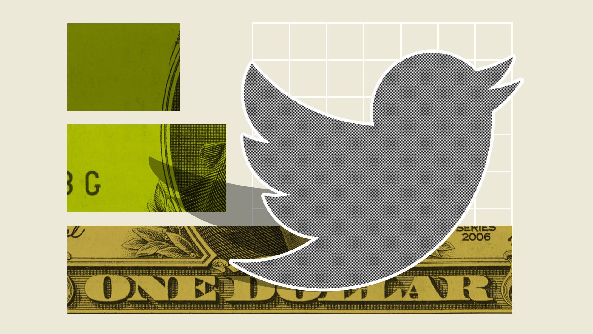 Illustration of the twitter logo with shapes and a dollar bill